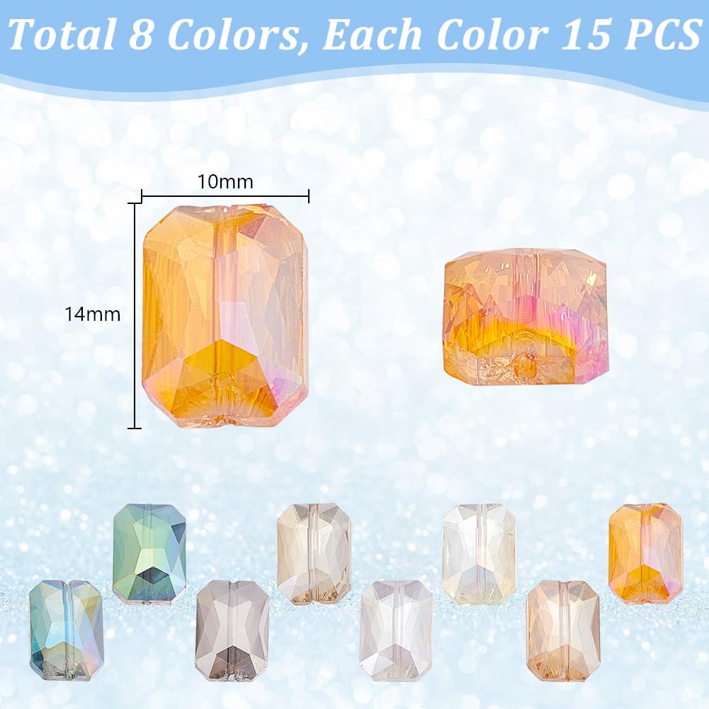 PH PandaHall 120pcs 8 Colors Faceted Glass Beads, 14x10mm Iridescence Flat Beads Rectangle Crystal Bead Large Loose Craft Spacer Bead for DIY Jewelry Bracelet Necklace Earring Keychain Making Crafts