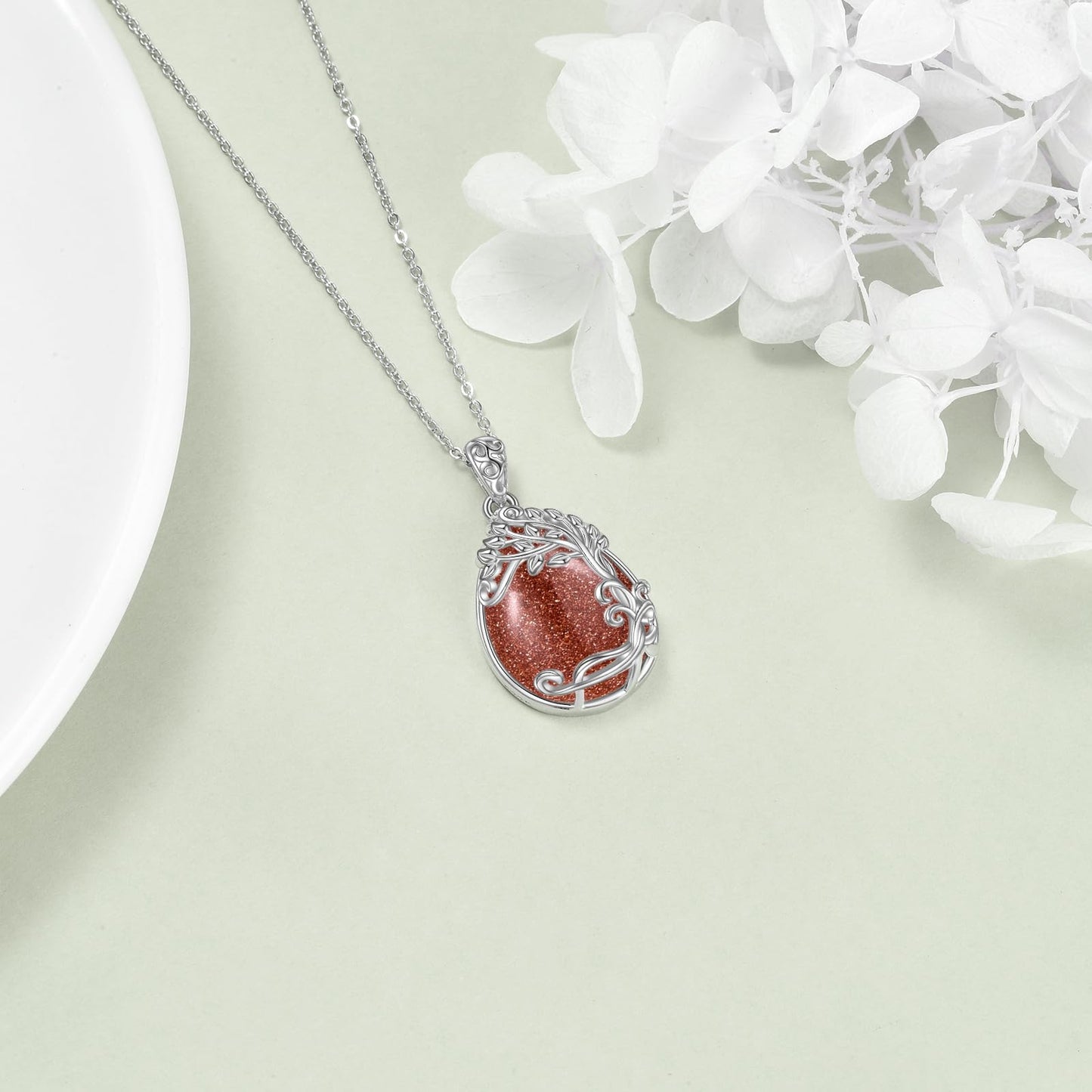 YAFEINI 925 Sterling Silver Gold Sand Stone Necklace Tree of Life Teardrop Pendant Necklace Jewelry for Women (JJ-Tree of Life Gold Sand Stone Necklace)