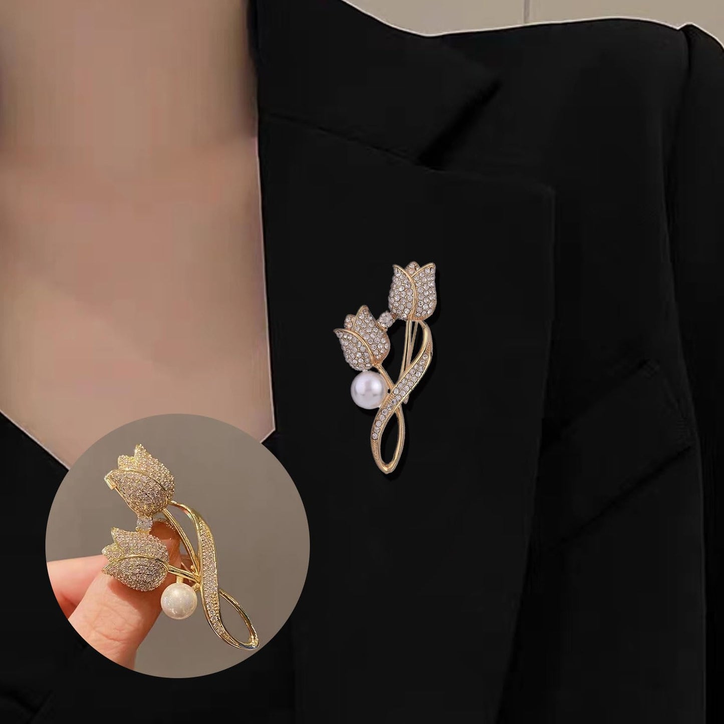 Tulip Flower Crystal Brooches Pins Fashion Beautiful Created Rhinestone Pearl Floral Brooch Good Idea for Party Dance Wedding Banquet for Elegant Women Girl (Gold Tulip)