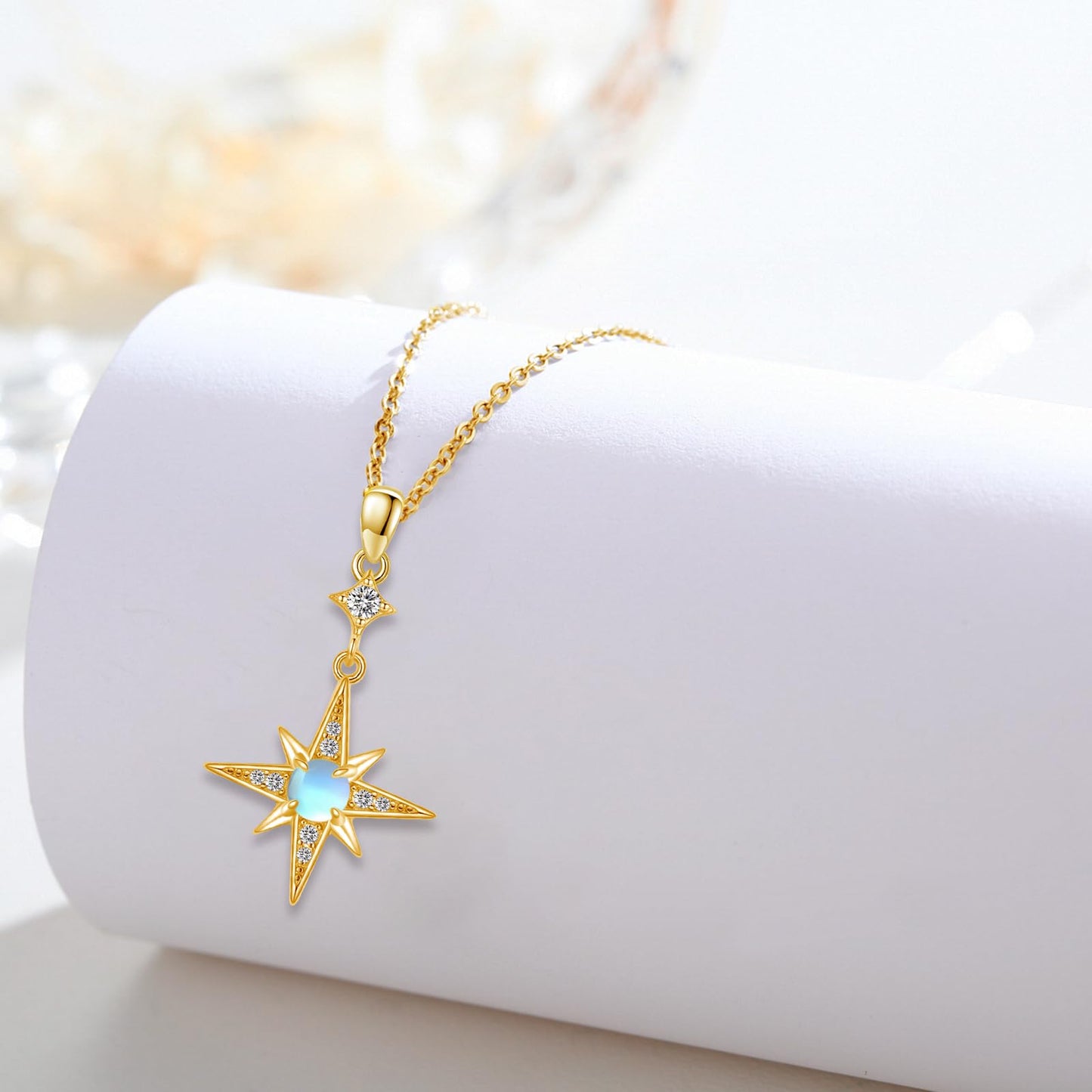 Silikepa Star Necklace for Women 925 Sterling Silver Gold North Star Pendant Necklace with Moonstone Jewelry Gift for Women