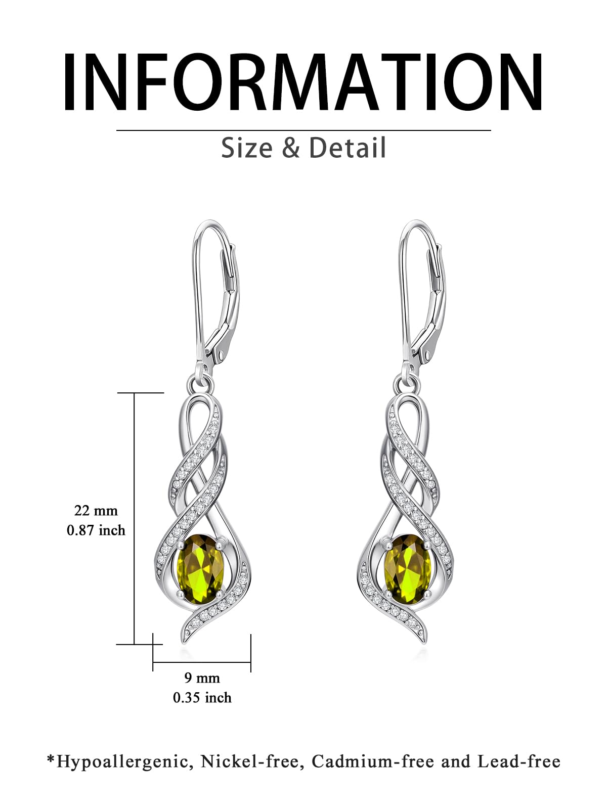 POIUY Peridot August Birthstone Infinity Leverback Dangle Earrings Hypoallergenic Drop Earrings Love Jewelry Anniversary Christmas Wedding Gift for Mom Wife Sister Daughter Girlfriend