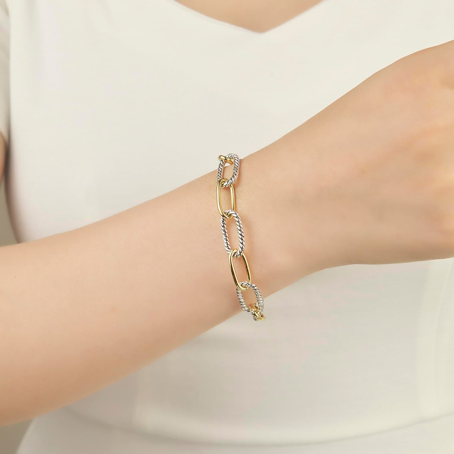 UNY JEWEL Slim Paperclip Link Bracelet Two Tone Twisted Cable Wire Chain Lightweight Designer Inspired Jewelry Gift for Women (Slim Paperclip Silver)