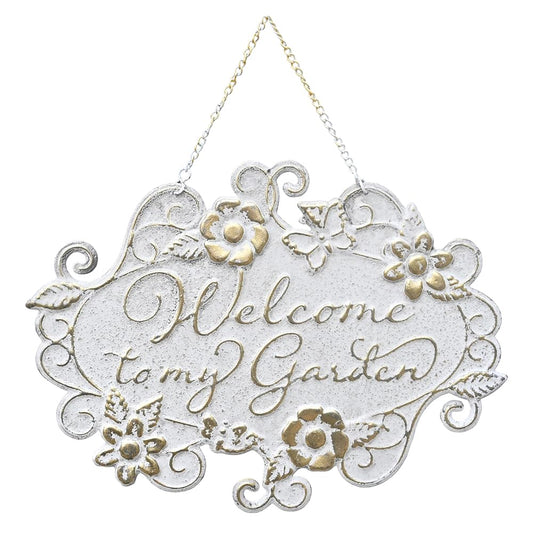 All Chic Welcome to My Garden Sign Hanging Yard Sign for Garden Decor Rustic Farmhouse Backyard Outdoor Wall Decor(White)