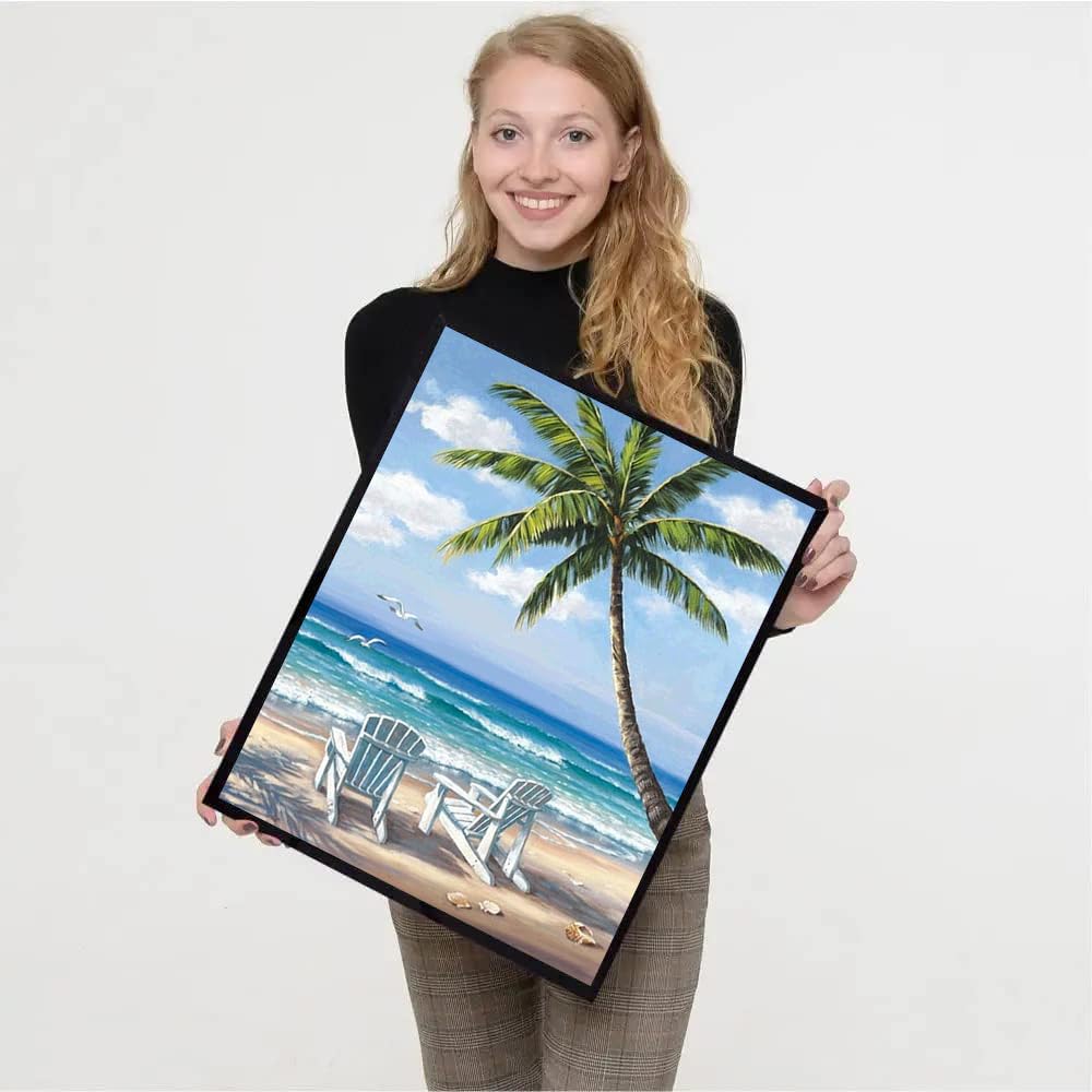 4 Pack Paint by Numbers Kit for Adults Framed Canvas - with Wooden Easel,Adults' Paint-by-Number Kits Beach Sunset Leisure Chair DIY Acrylic Landscape Oil Painting Kits Arts Crafts 7.8x11.8inch