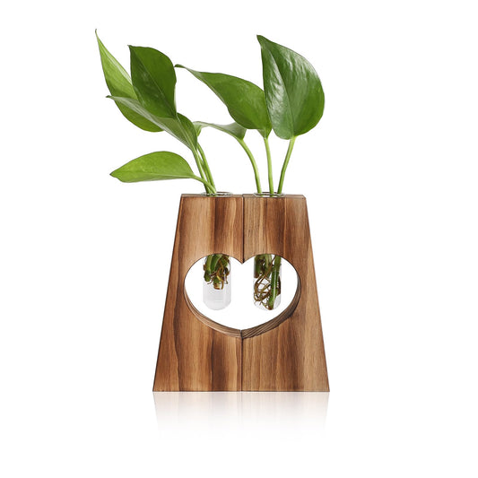 CYZglass Glass Plant Propagation Station for Hydroponics, Heart Shaped Wooden Base with Double Test Tube, Home and Office Desktop Decor Vase