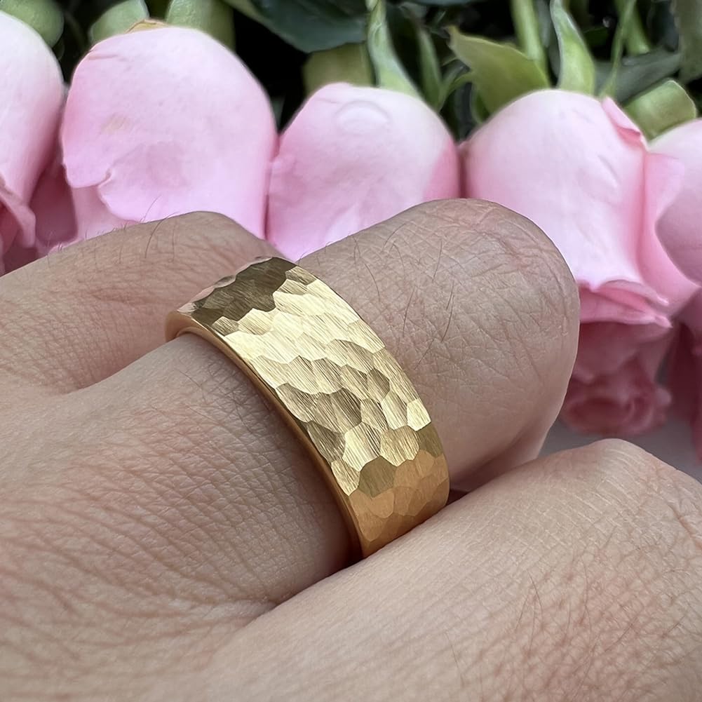 TUTISS 8mm Gold Hammered Tungsten Carbide Rings for Men Women Fashion Engagement Wedding Bands Matte Finish I Love You Engraved Comfort Fit Size 10