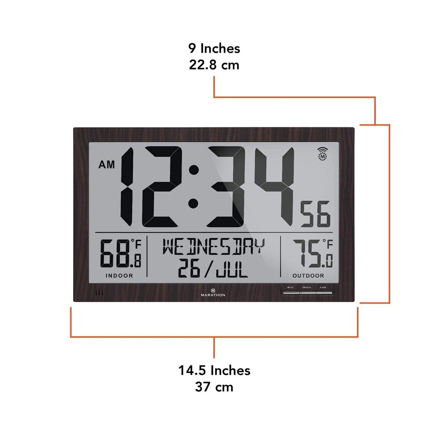 MARATHON Atomic Full Calendar Clock with Extra Large Digits Indoor and Outdoor Temperature