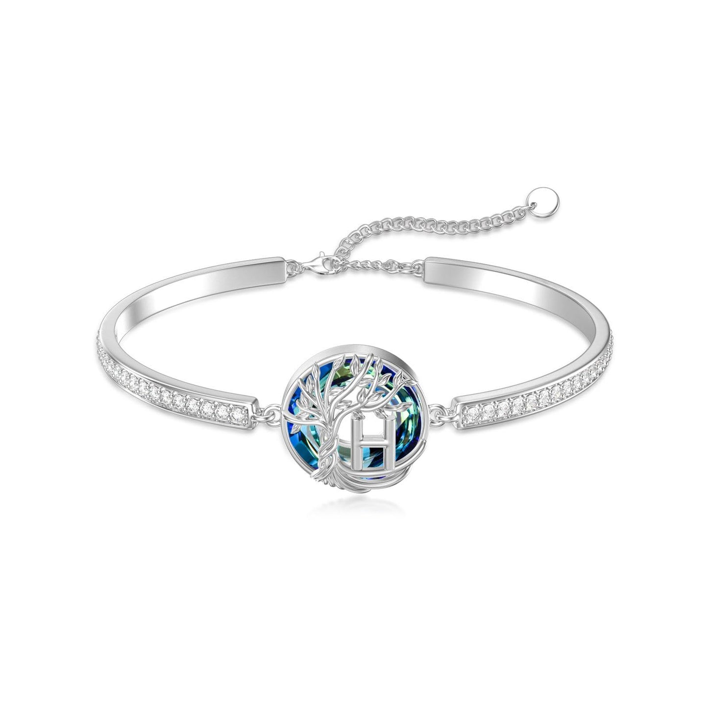 TOUPOP Tree of Life Bracelet Sterling Silver Initial H Letter Bangle Bracelet Family Tree Blue Crystal Jewelry Mothers Day Birthday Gifts for Women Mom Wife