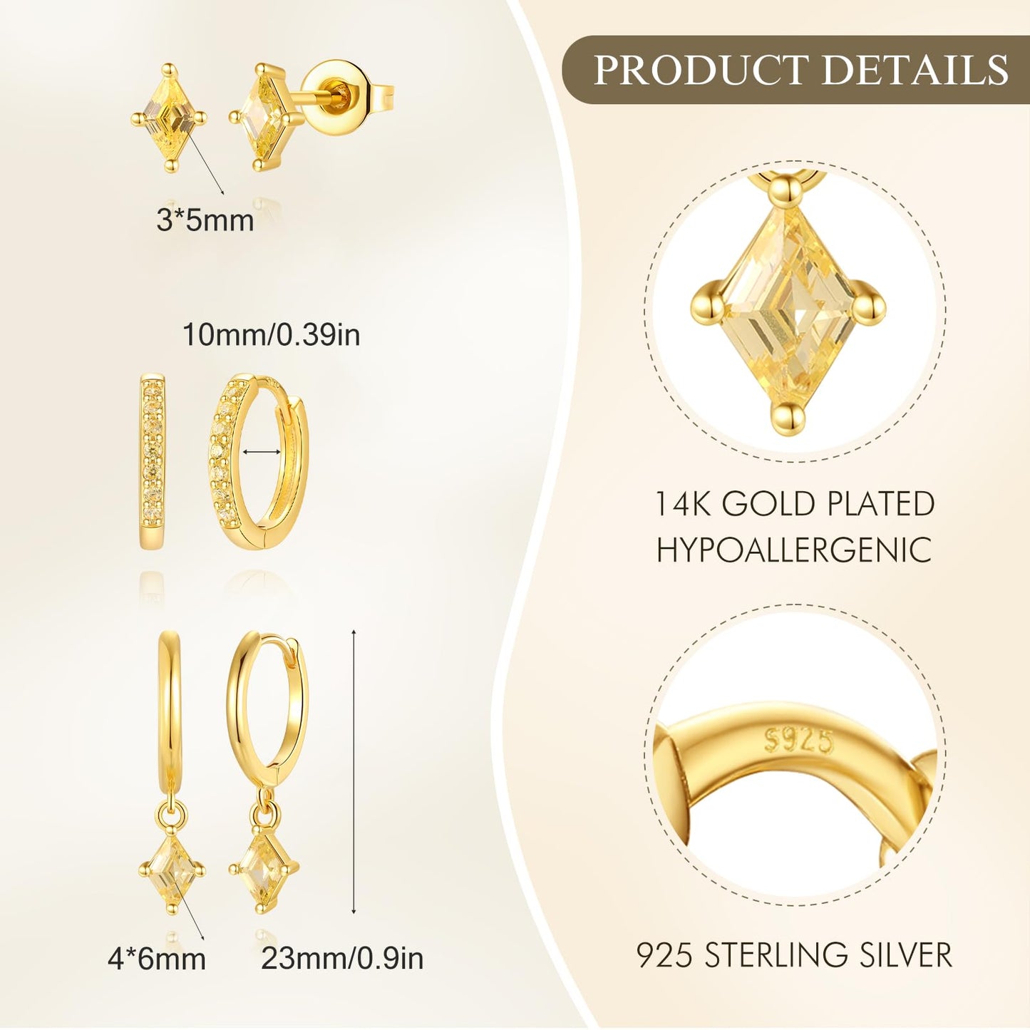 Gold Hoop Earrings Set for Women, Dainty 14K Gold Plated Yellow Earrings, Hypoallergenic Trendy Small Earring Stacks Multiple Piercing, Citrine Diamond Dangle Huggie Earring Jewelry for Women