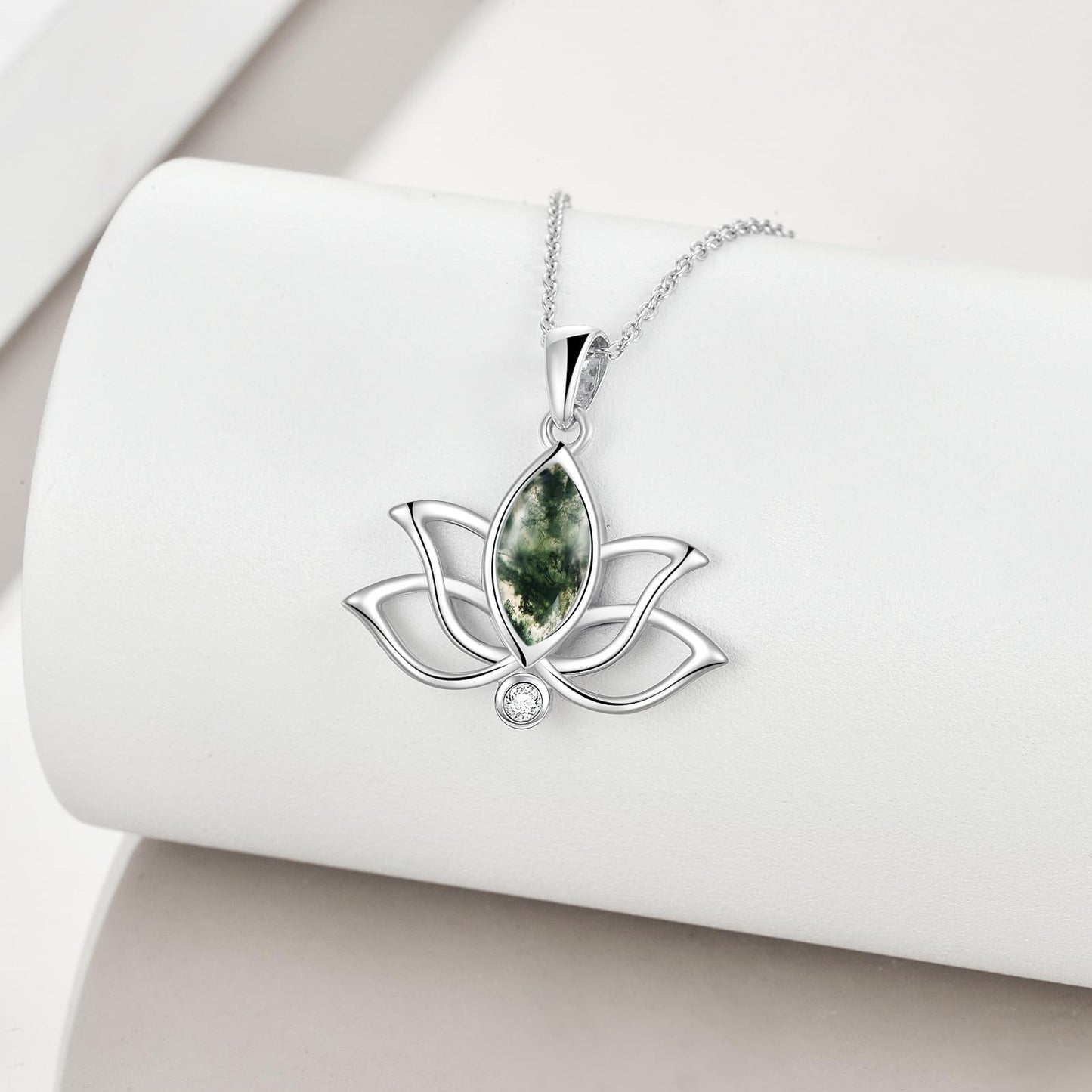 YFN Lotus Flower Necklace Sterling Silver Moss Agate Lotus Pendant Lotus Jewelry Gifts for Women