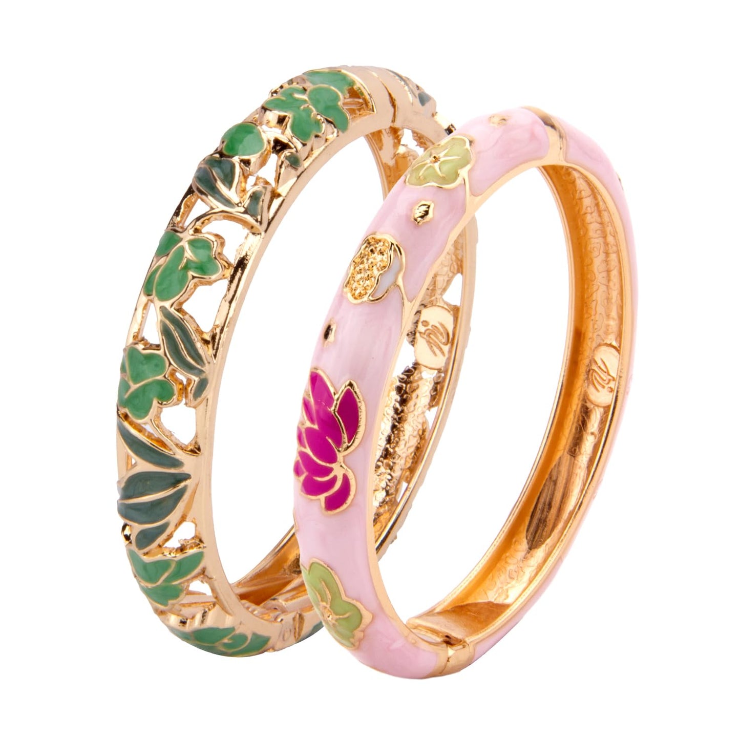 UJOY Cloisonne Bracelet Lotus Flower Gold Plated Cuff Bangle Enameled Jewelry Bracelets Gift for Women Pack in Case 88B04-55A35 Green Pink