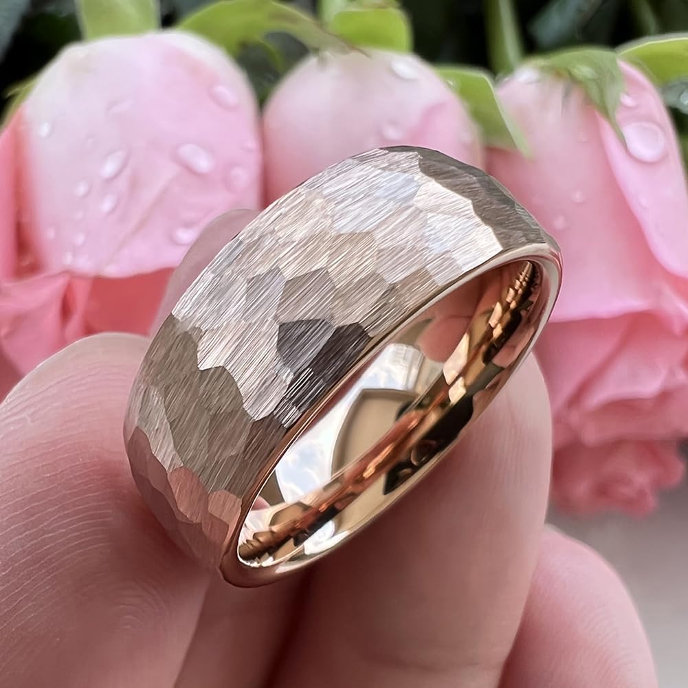 TUTISS 8mm Rose Gold Hammered Tungsten Rings for Men Women Engagement Wedding Bands Domed Matte Finish Comfort Fit Size 15