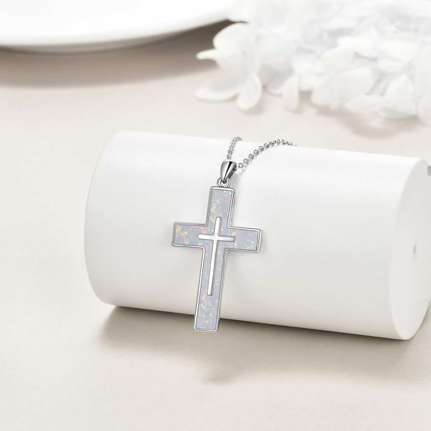 YFN White Opal Cross Necklace Sterling Silver Cross Pendant Jewelry Gifts for Women Men