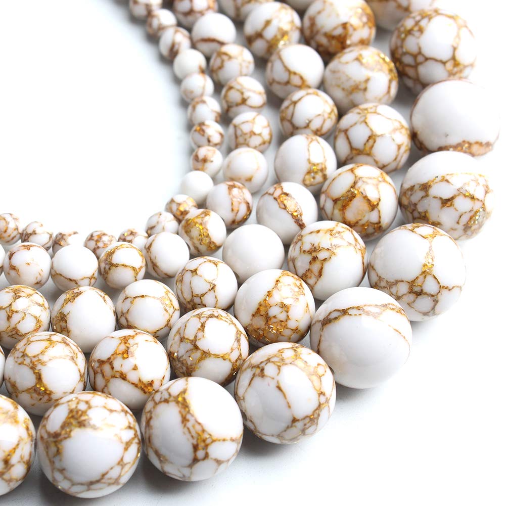 NITOPUPU 10mm 37pcs White Howlite Spun Gold Natural Stone Beads for Jewelry Making Supplies, Round Crystal Beads for Bracelets Necklace DIY Crafts