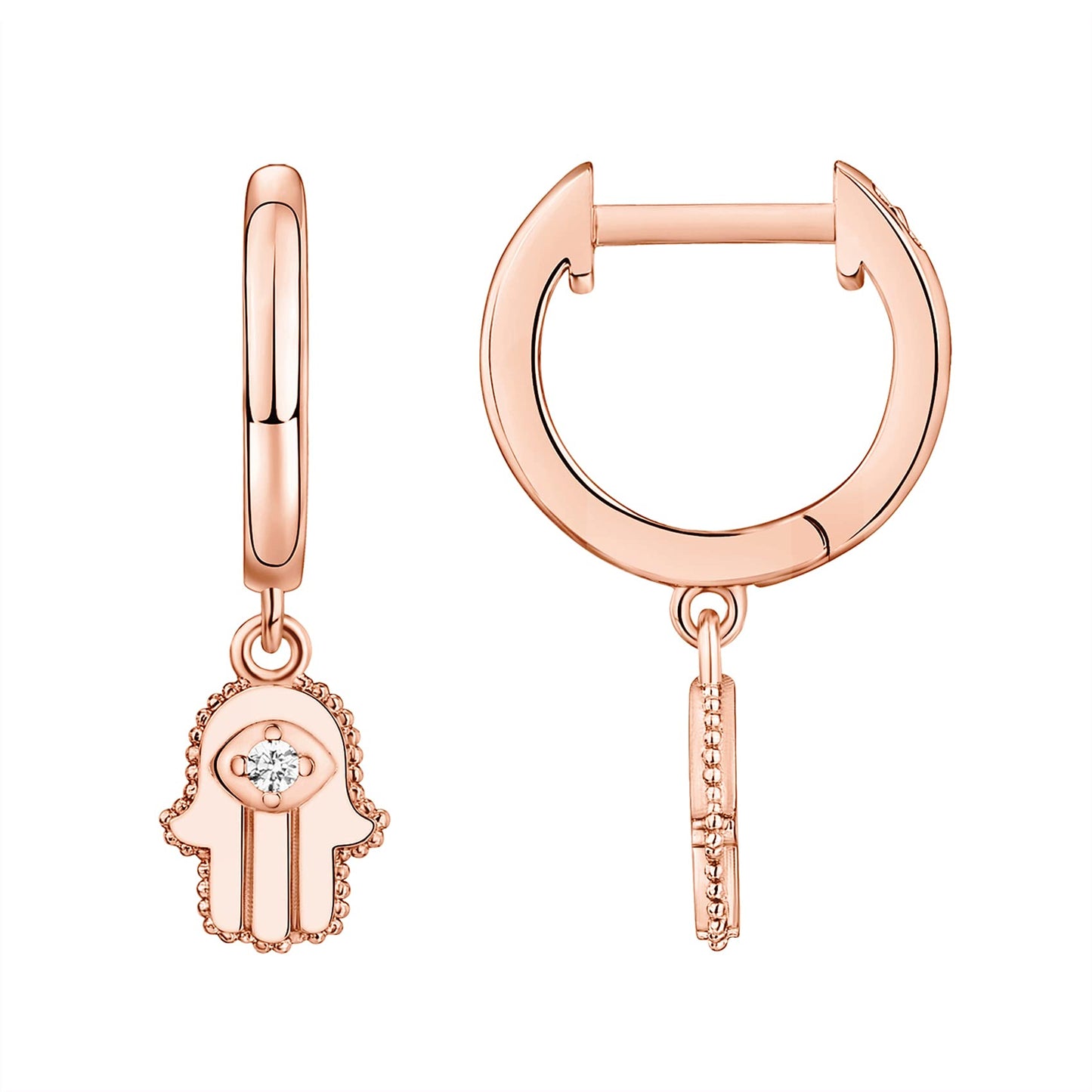 PAVOI 14K Rose Gold Plated 925 Sterling Silver Post Good Luck Dangle Huggie Hoop Earrings For Women - Trendy Hamsa Drop Hoop Earrings - Cubic Zirconia Small Hinged Huggies