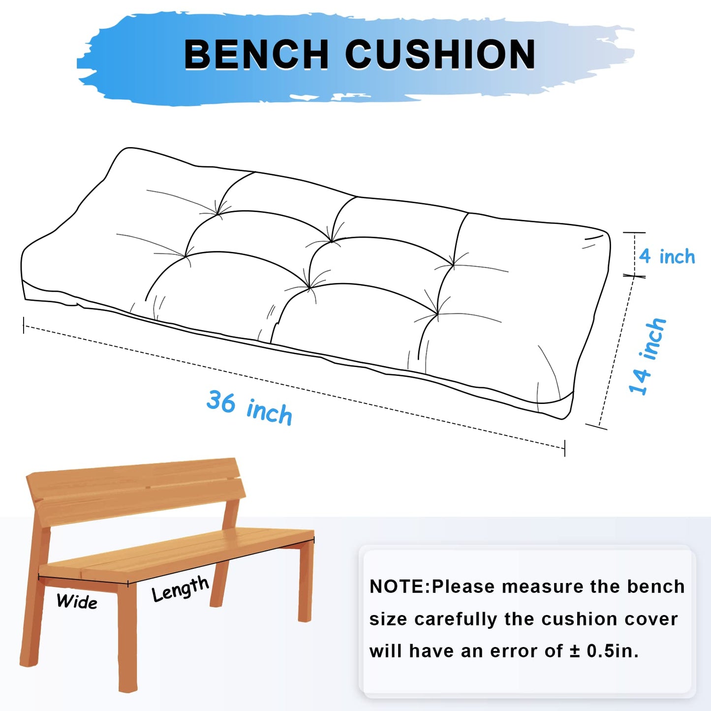 ROFIEJOX 36 Inch Bench Cushion, Tufted Window Seat Cushion with High-Density Memory Foam, Soft Chenille Non-Slip Indoor Furniture Pad for Bay Window, Dining Bench, Entryway (Deep Blue, 36x14x4)