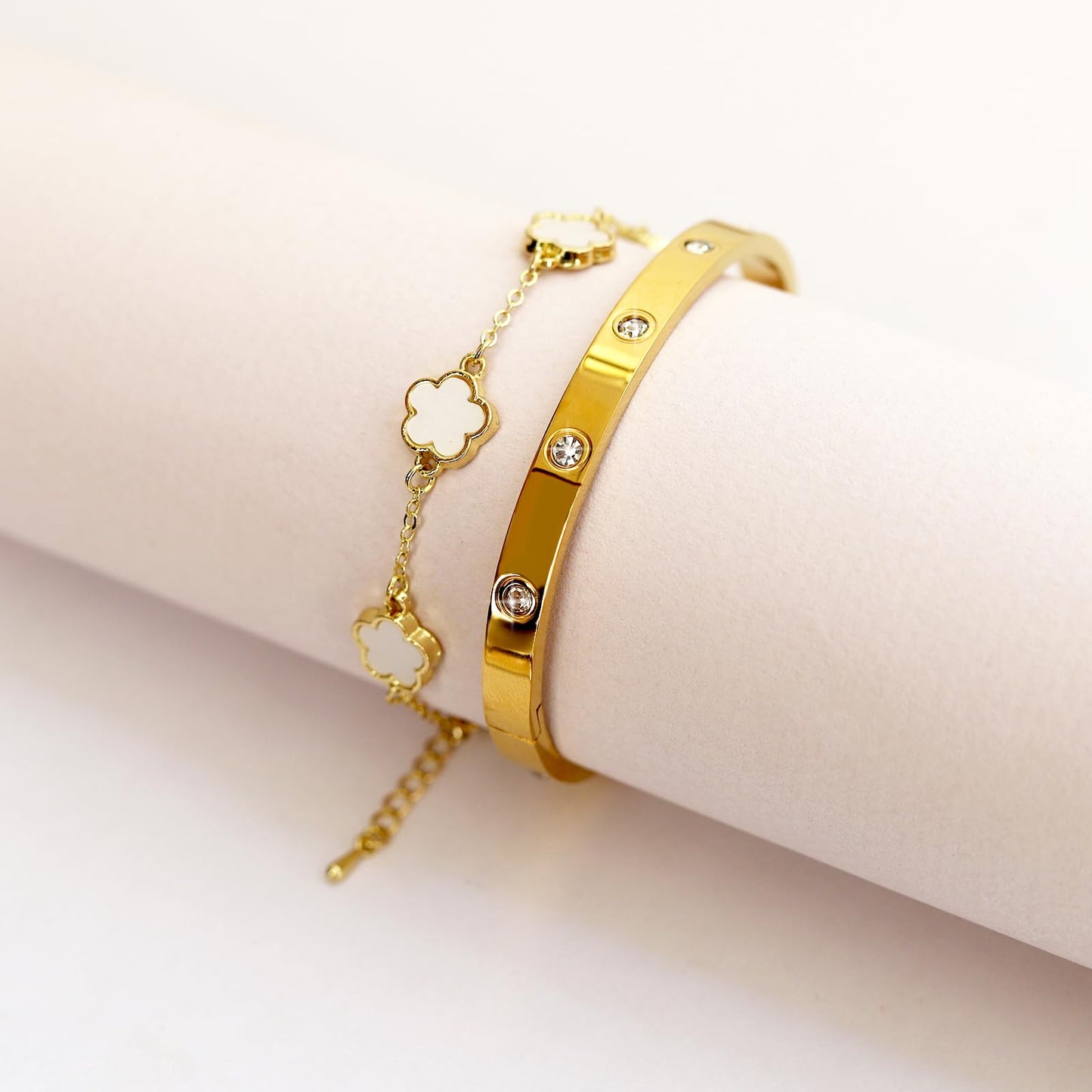 KARCCI Lucky Clover Bracelet and Friendship Love Bangle Bracelets Set for Women Girlfriend Cubic Zirconia Bracelet Set, Christmas Valentines Wedding Birthday Gifts
