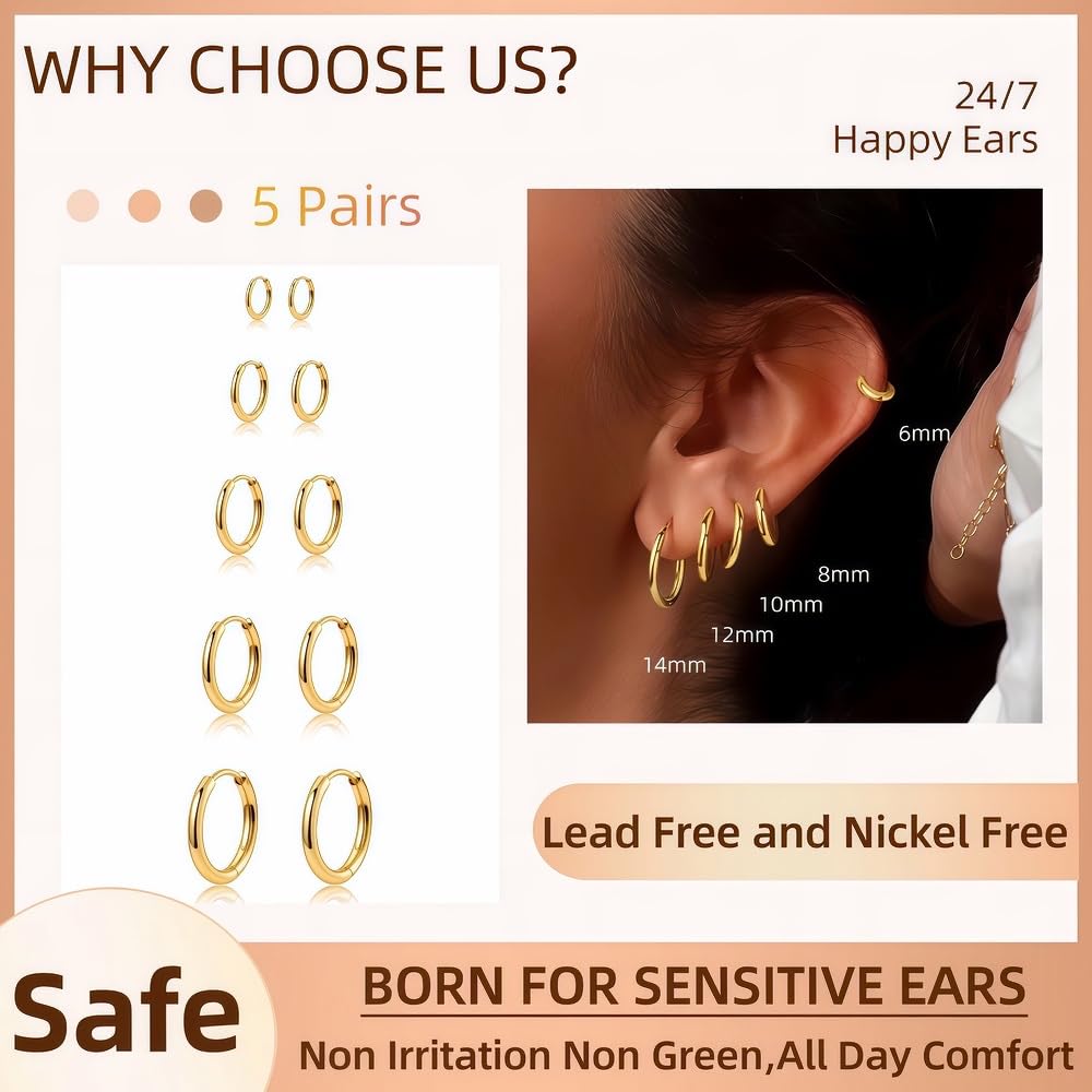 5 Pairs Small Gold Huggie Hoop Earrings Set Women 14K Gold Plated Cartilage Earrings Hypoallergenic Lightweight Stainless Steel Earrings 2nd 3rd Hole Cute Multiple Piercing Stack Jewelry Trendy Gift