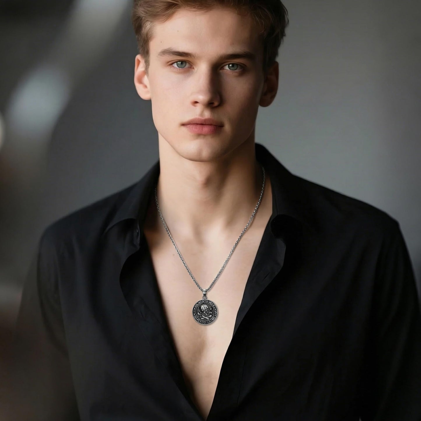 POIUY Memento Mori Necklace for Men Gothic Black Skull Pendant Stoicism Mori Jewelry Tree of Life Amulet Protection Gifts for Men Women 22+2 Inch Chain