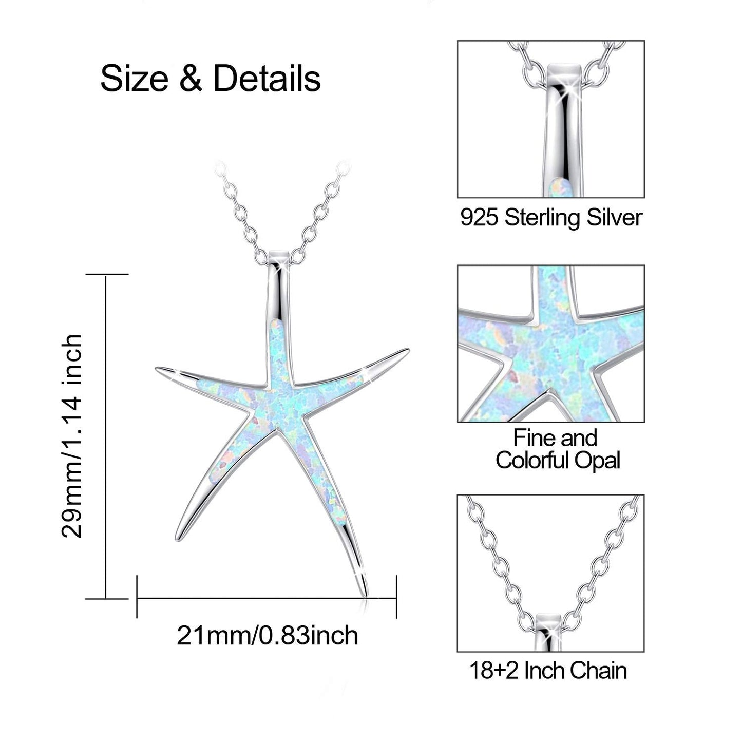 Cuoka Starfish Necklace, 925 Sterling Silver with White Opal, Hawaiian Beach Nautical Ocean Pendant, Starfish Jewelry Opal Jewelry Valentine for Women Girlfriend