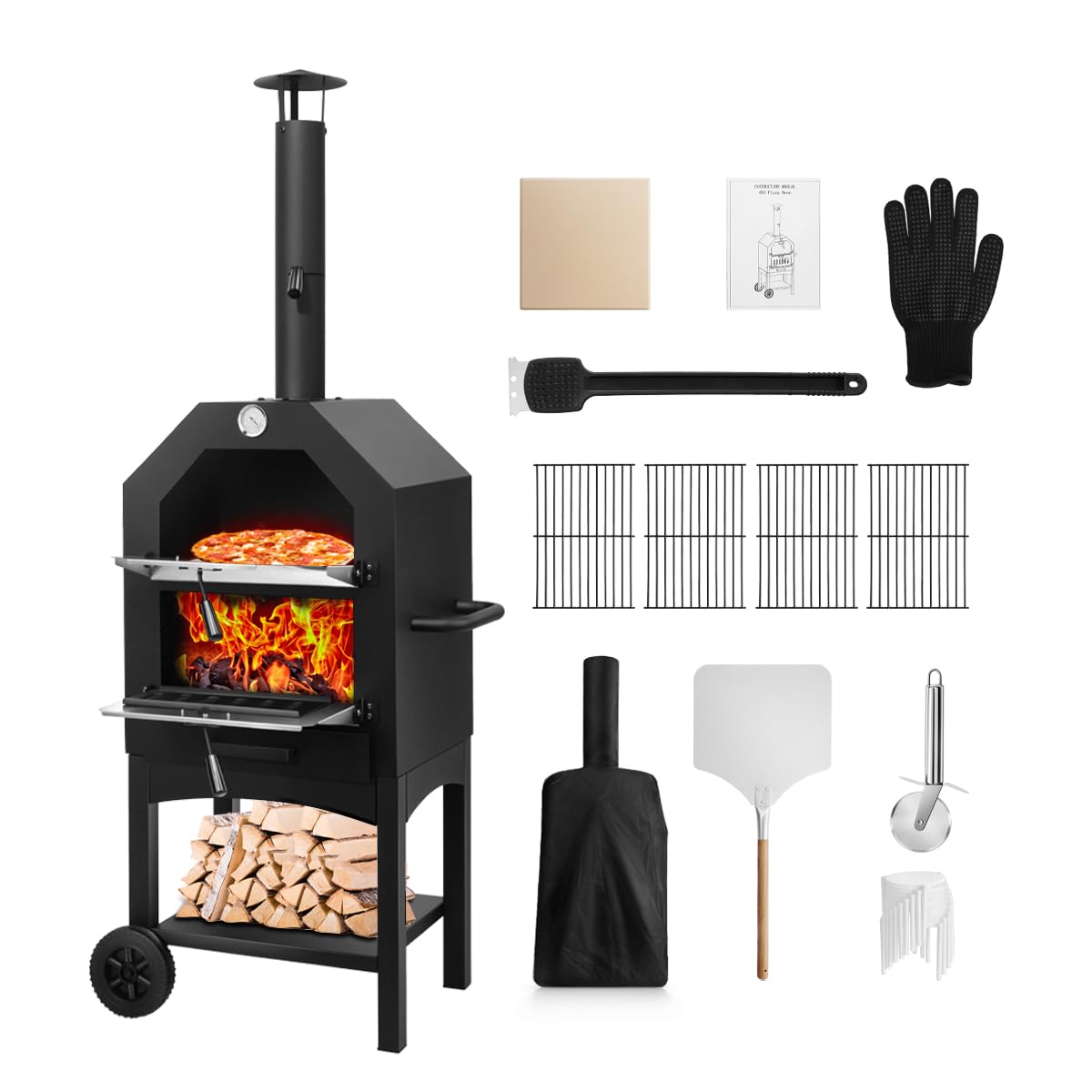 EDOSTORY Outdoor Pizza Oven, Wood Fired for Outside, Patio Maker With Stone, Peel, Grill Rack, and Waterproof Cover for Backyard Camping
