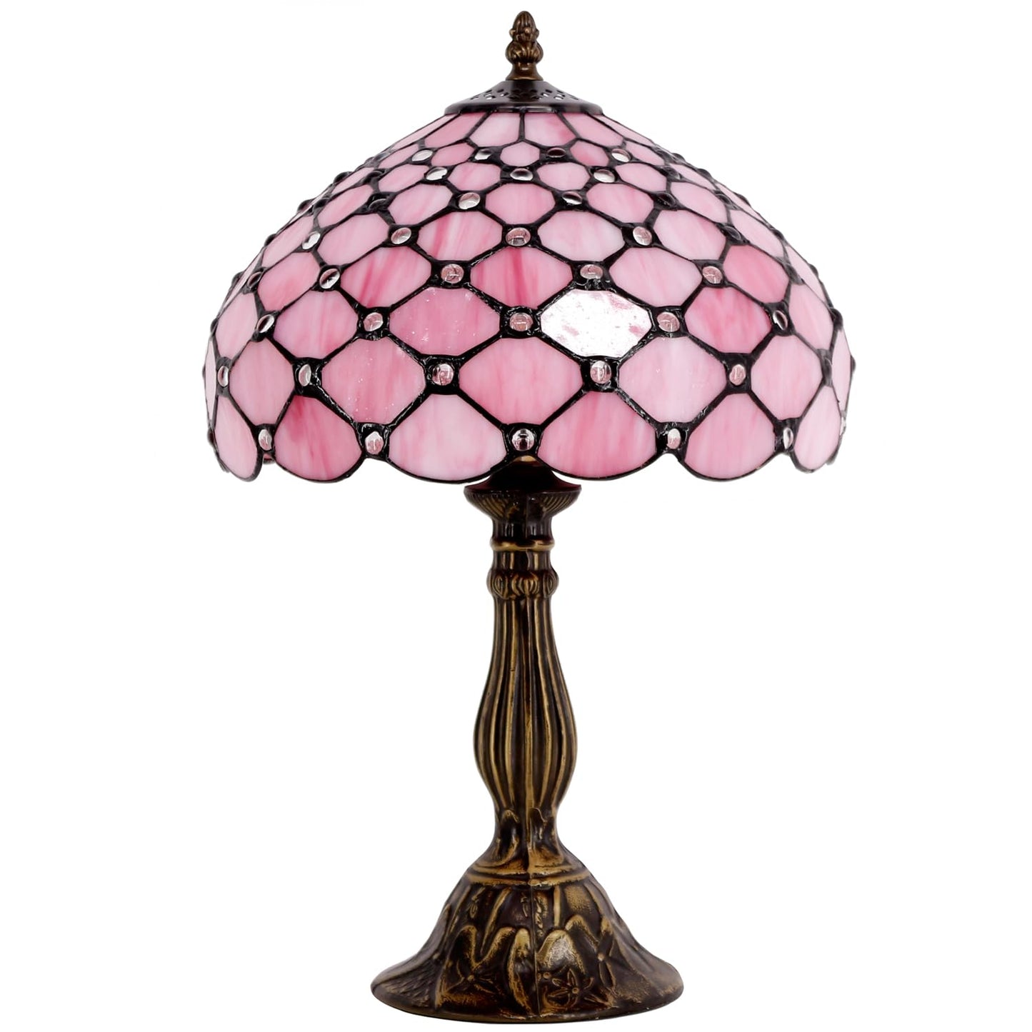 WERFACTORY Tiffany Lamp Pink Stained Glass Bead Table Lamp Desk Bedside Reading Light 12X12X18 Inches Deco Bedroom Living Room Home Office S005 Series