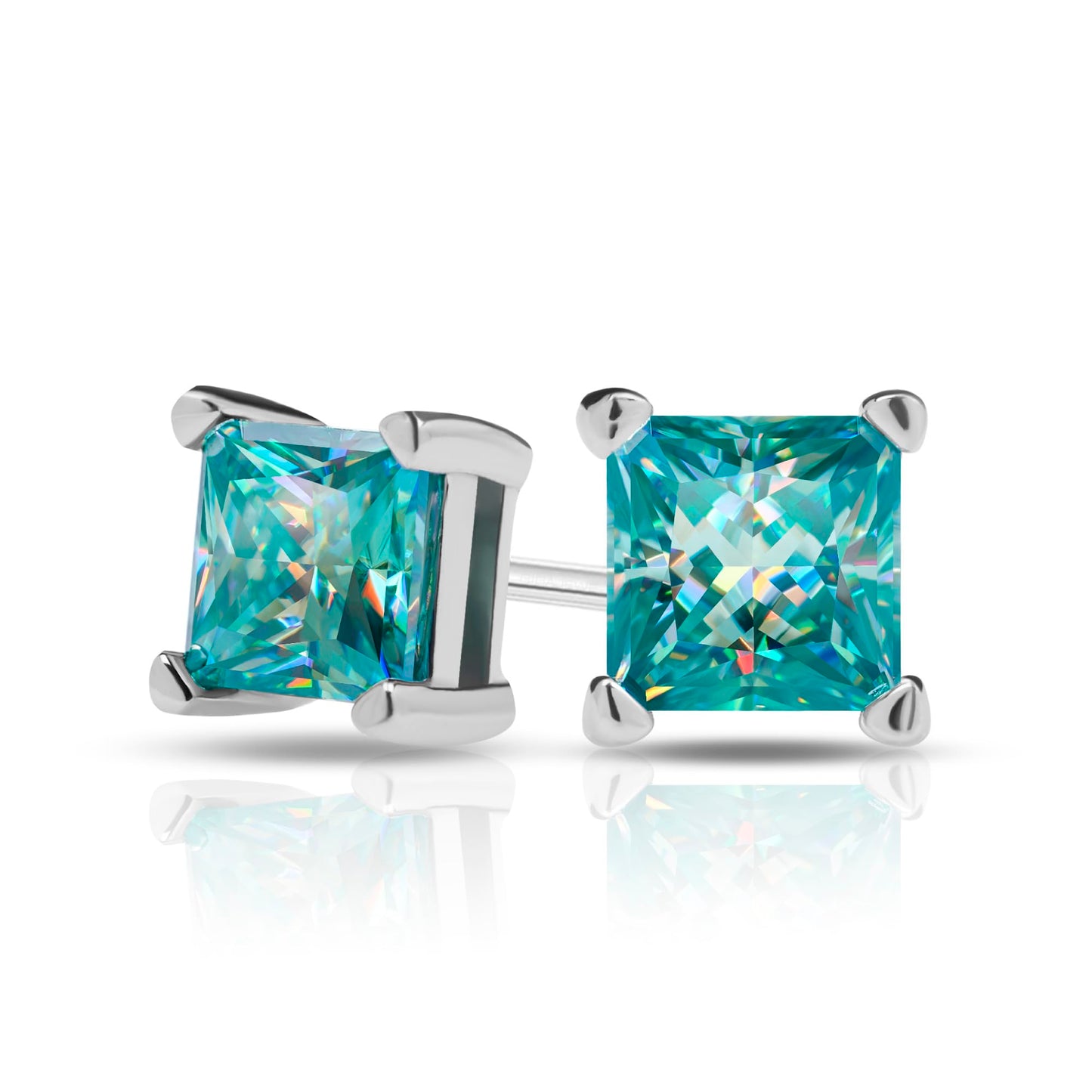 GIGAJEWE Blue Green Color Moissanite Stud Earrings 5mm Princess Cut Moissanite Earrings 1.6ct/pair,18K Gold Plated 925 Steling Silver, Stud Earrings For Women (Princess-cyan)