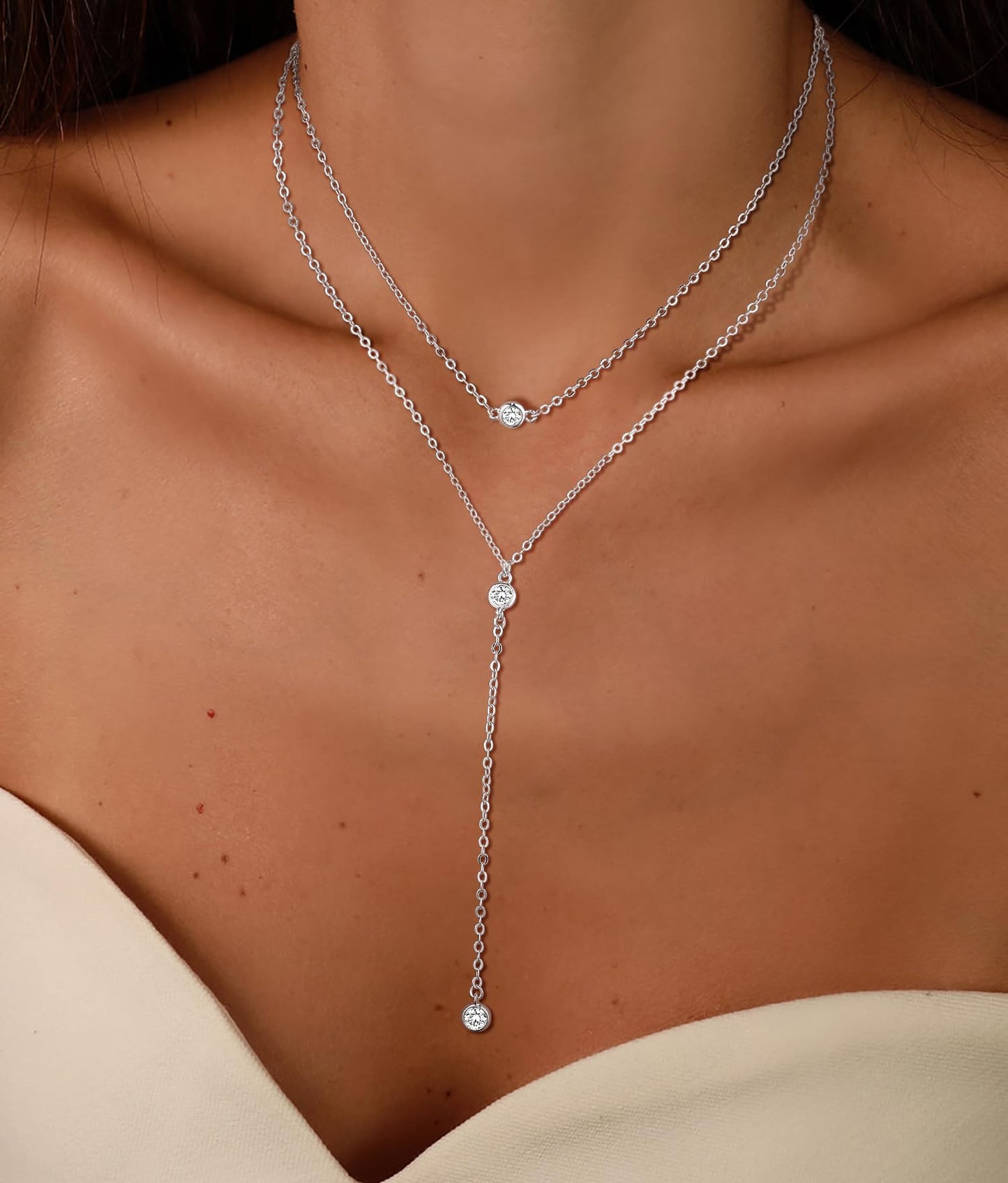 Poaiiu Lariat Sliver Plated Necklace for Women, Sliver Plated Dainty Long Layered Y Necklaces CZ Pendant Choker Necklace Simple Trendy Jewelry Gift for Women