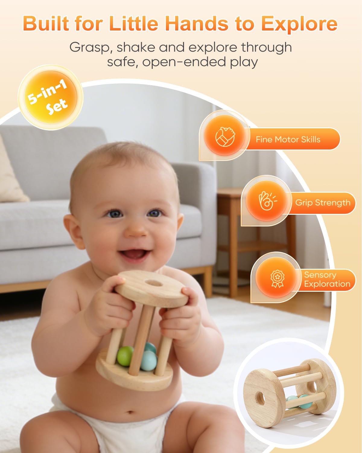 Montessori Toys for Babies 0-6 6-12 Months, Sensory Developmental Baby Toys, Tummy Time Toy - 5 in 1 Wooden Learning Toy Set, High Contrast Cards, Mirror & Spinning Drum for Newborn Infant Gift