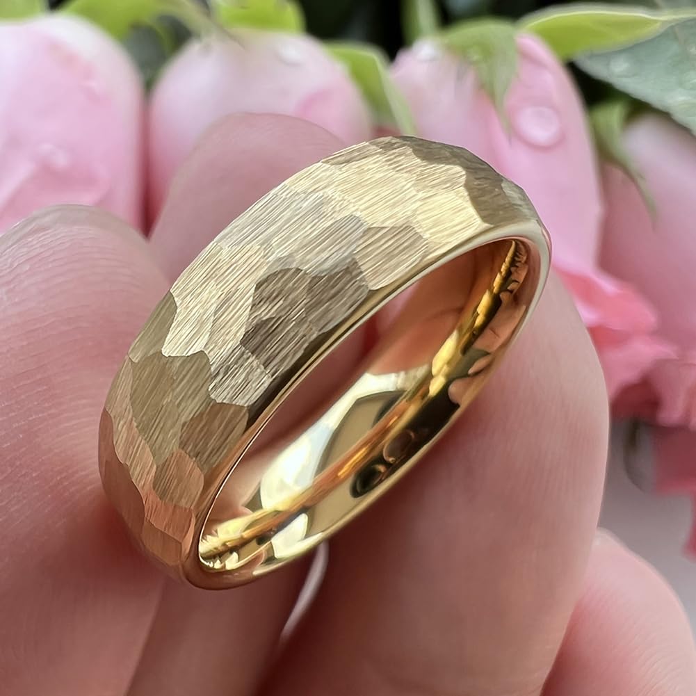 TUTISS 6mm Gold Hammered Tungsten Rings for Men Women Engagement Wedding Bands Domed Matte Finish Comfort Fit Size 6