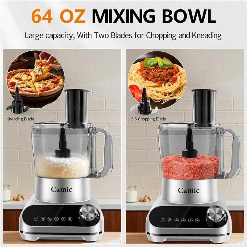 Camic 600W Food Processor, 72OZ Large Capacity Countertop Electric Vegetable Chopper with 6 Preset Programs, Dough Blade, Slicing,Shredding, Whipping attachments for Ice Crushing, Mixing, Chopping