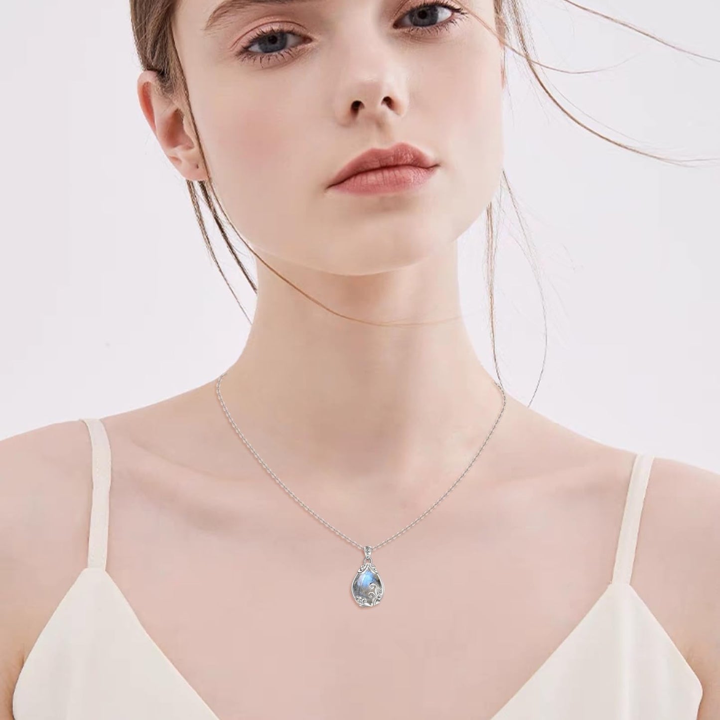 POPLYKE Sterling Silver Labradorite Filigree Teardrop Pendant Necklace Gemstone Crystal Jewelry for Women