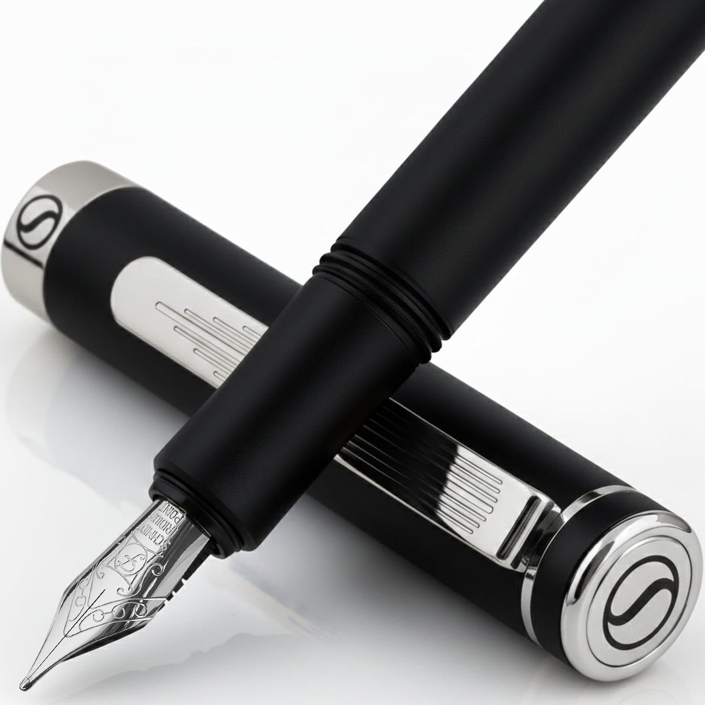 Scriveiner Luxury EDC Fountain Pen (Fine), Stunning Matt Black Pocket Pen, Chrome Finish, Schmidt German Nib, Converter, Best Writing Pen Gift Set for Men & Women, Nice Fancy Office Designer Pen