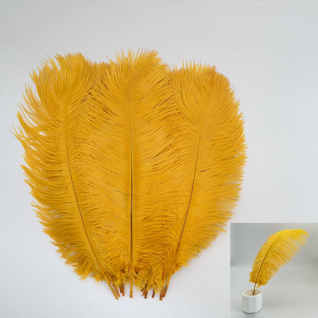 LONDGEN 10pcs Natural Ostrich Feathers Plumes 14-16inch(35-40cm) for Craft Flower Arrangement ，Wedding Decoration and Halloween Party (Golden Yellow)
