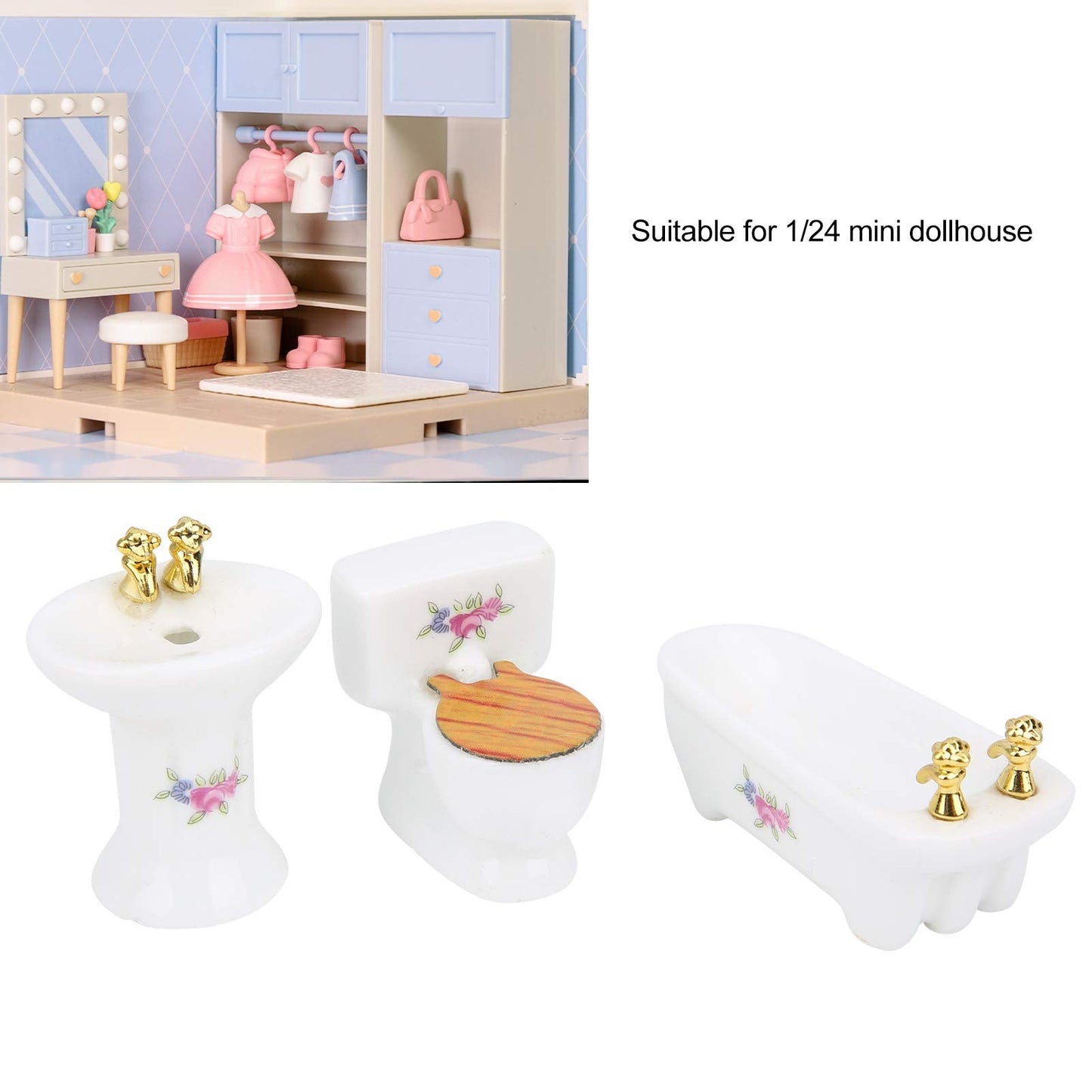 RIZGHWOY 1/24 Dollhouse Miniature Bathroom Set, Ceramic Bathtub Toilet Sink Kit with Exquisite Design, for Doll House Bathroom Scene (Rose)