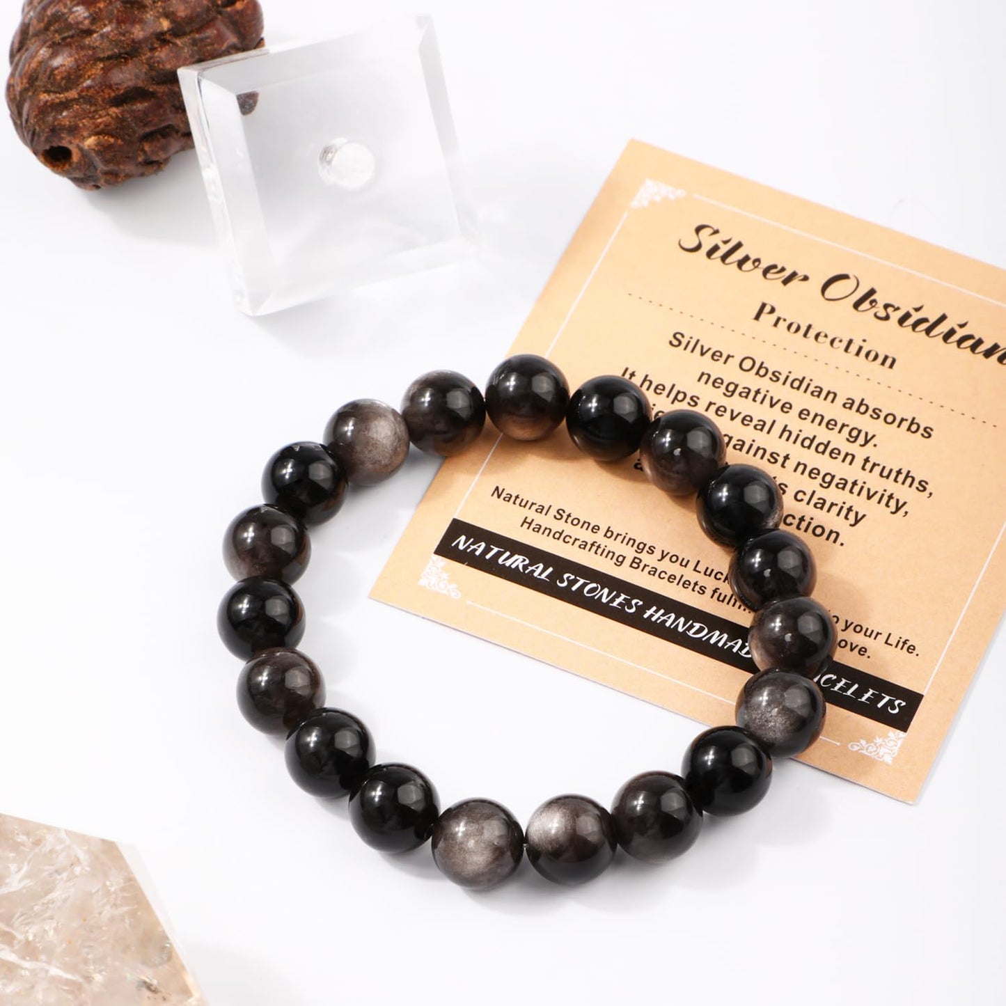 AD Beads 6mm Handmade Silver Obsidian Elastic Bracelet – Natural Gemstone for Protection – Meditation, Yoga, Healing and Energy Gift for Men Women