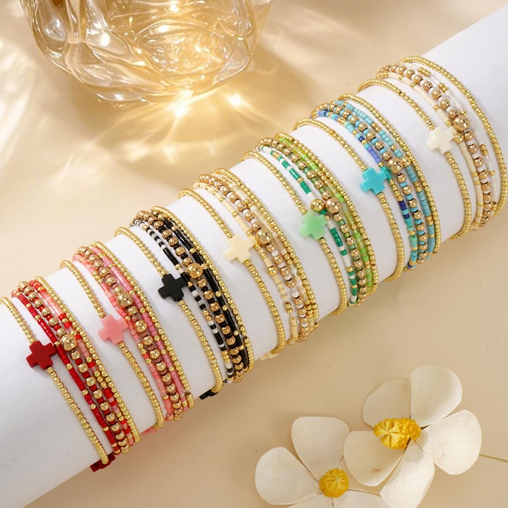 Bohxantium Gold Cross Beaded Bracelets Stack for Women, Black Boho 5PCS Stackable Stretch Set with 14K Gold Beads Waterproof Non Tarnish Jewelry for Beach Summer Party Christian Faith Friendship Gift