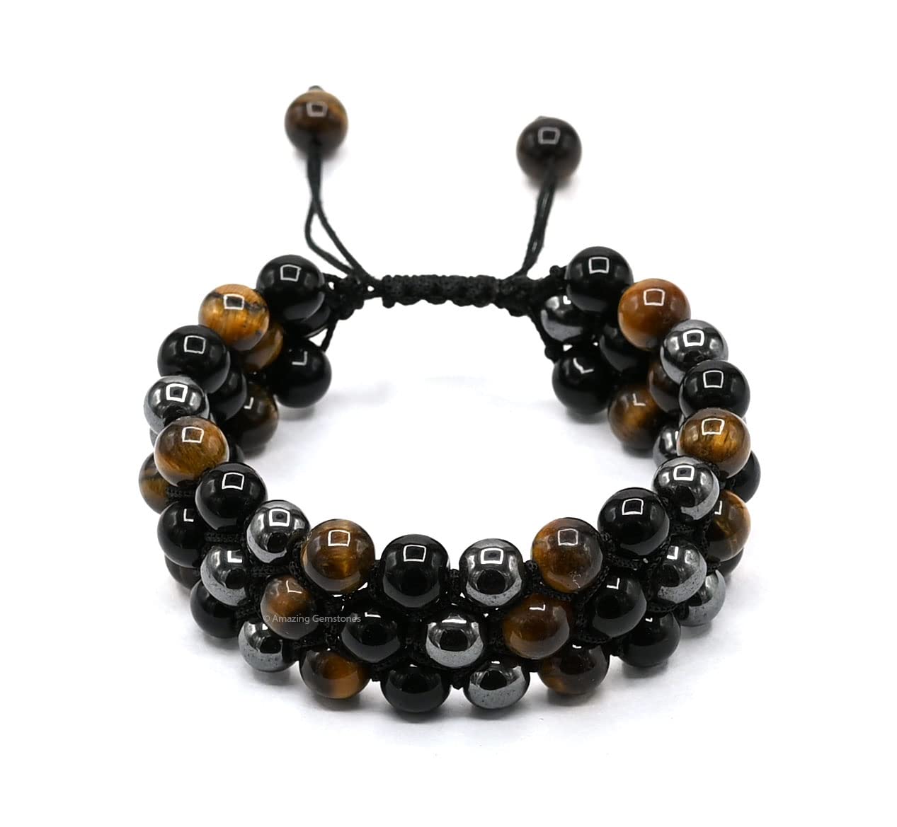 Amazing Gemstone Triple Protection Bracelet - Hematite Black Obsidian Tiger Eye Bracelet Set for Men Women Healing Calming Anxiety Stress Relief Gifts Stocking Stuffer (Adjustable, 3 Layer)