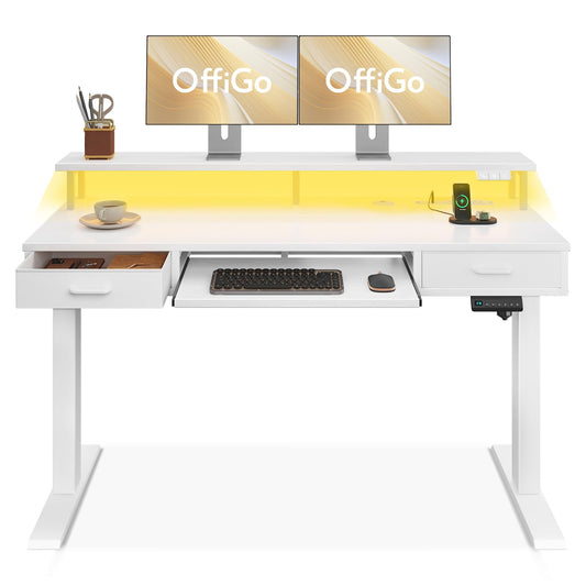 OffiGo Electric Standing Desk with Drawers & Keyboard Tray, 55 Inch Height Adjustable Desk with Power Outlets & LED Lights, Sit Stand Table with Monitor Stand for Home, Office, White