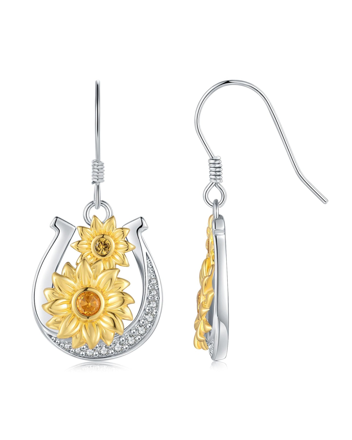JZWUYAN 925 Sterling Silver Sunflower Horseshoe Dangle Earrings for Women — Two-Tone Gold Plated Floral Drop Earrings with Citrine Stone — Birthday, Mother's Day, Graduation Gift for Her