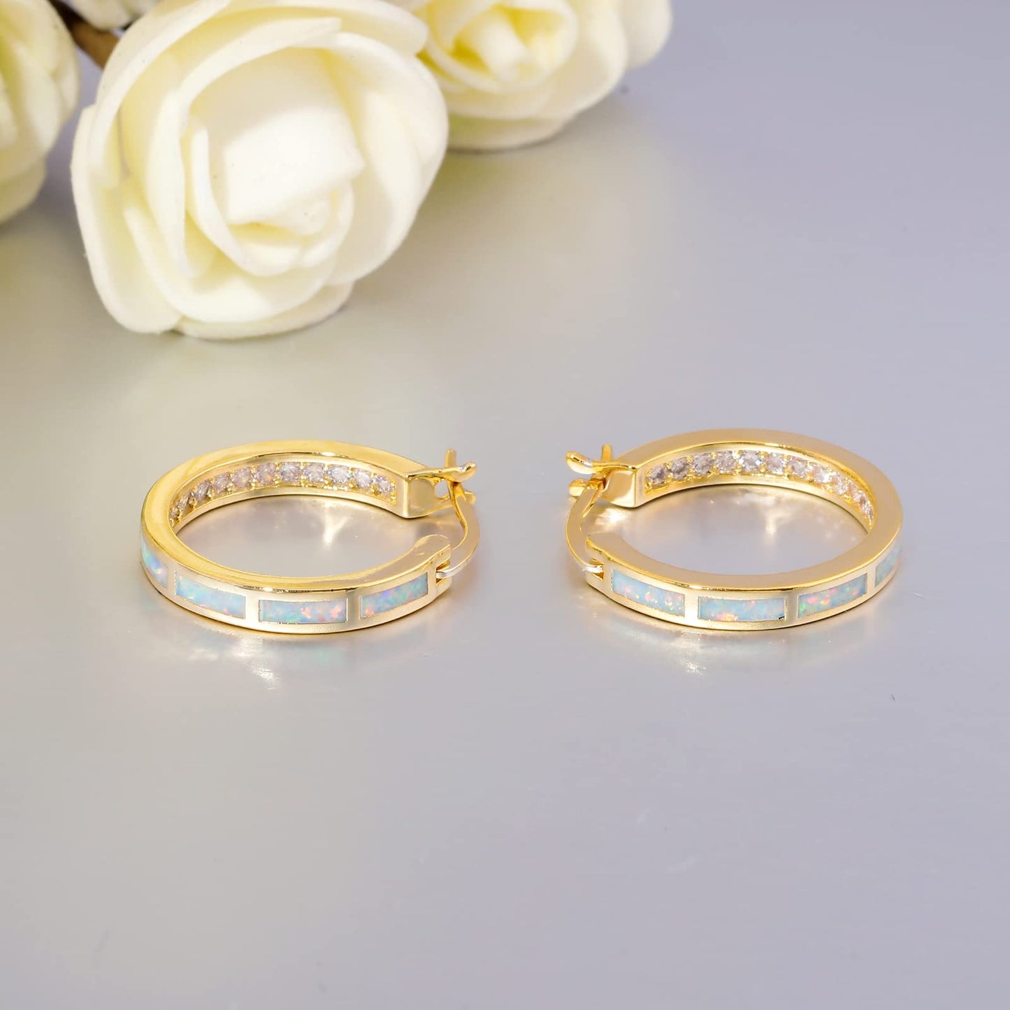 CiNily Hoop Earrings for Women Hypoallergenic Yellow Gold Plated White Diamond Statement Earrings Small Hoop Earrings Jewelry Opal Ear Hoops Gemstone Round Hoops for Ladies 20 mm
