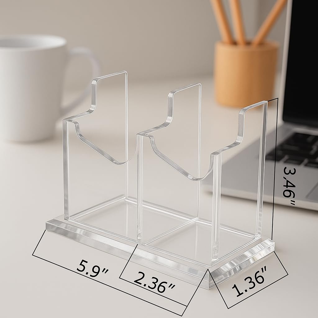 Acrylic Business Card Holder for Desk - 2 Slot Vertical Clear Business Card Display Stand, Fits Standard 2 x 3.5 Inch Cards, Office Desk Organizer for Home & Professional Use