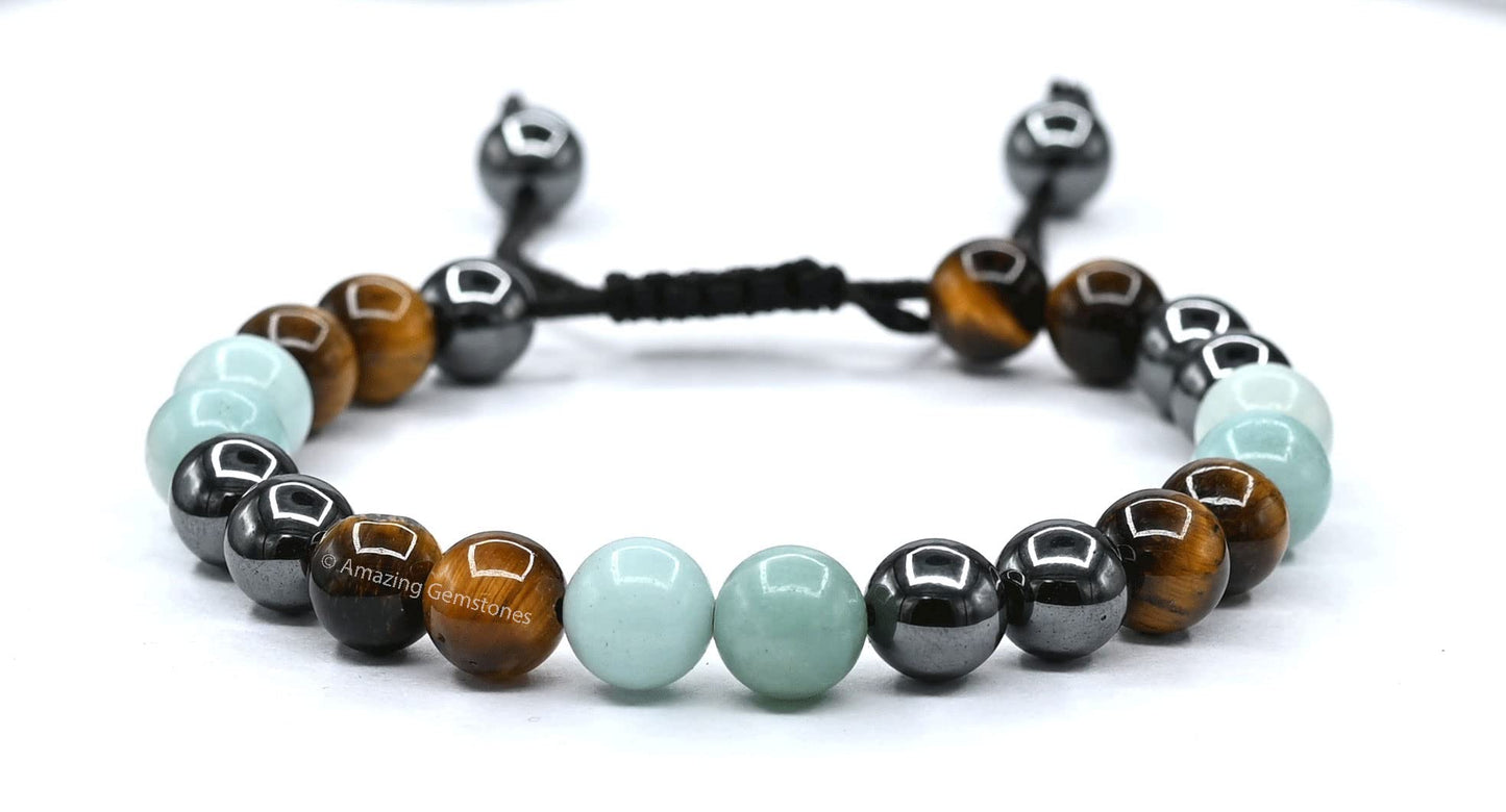 Amazing Gemstone Bracelet for Child - Hematite Amazonite Tiger Eye Bracelet Set for Men Women Healing Calming Anxiety Stress Relief Gifts Pulseras Para Hombres Mujer Stocking Stuffers (Adjustable)