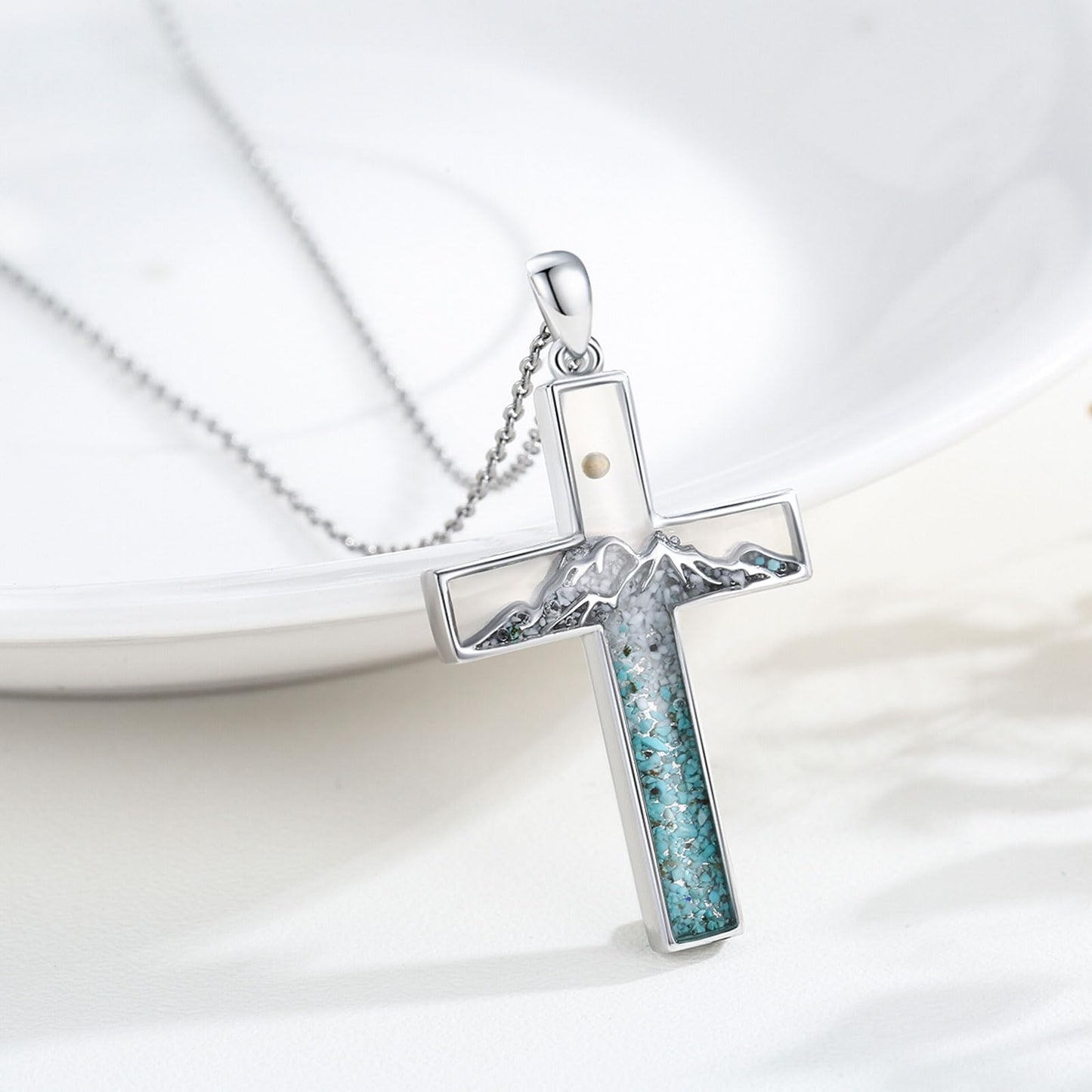 Suiknsn Mustard Seed Necklace 925 Sterling Silver Turquoise Mountain Necklace Faith Cross Pendant Christian Jewelry Hiking Mother's Day Gifts for Women Mom