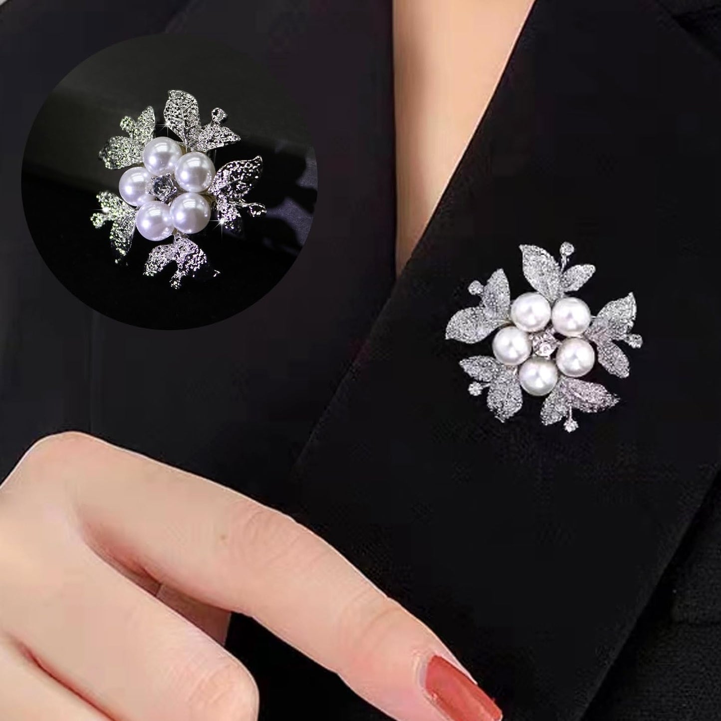 Flower Crystal Brooches Pins Fashion Beautiful Created Rhinestone Floral Brooch Good Idea for Party Dance Wedding Banquet for Elegant Women Girl (Silver Pearl Flower)