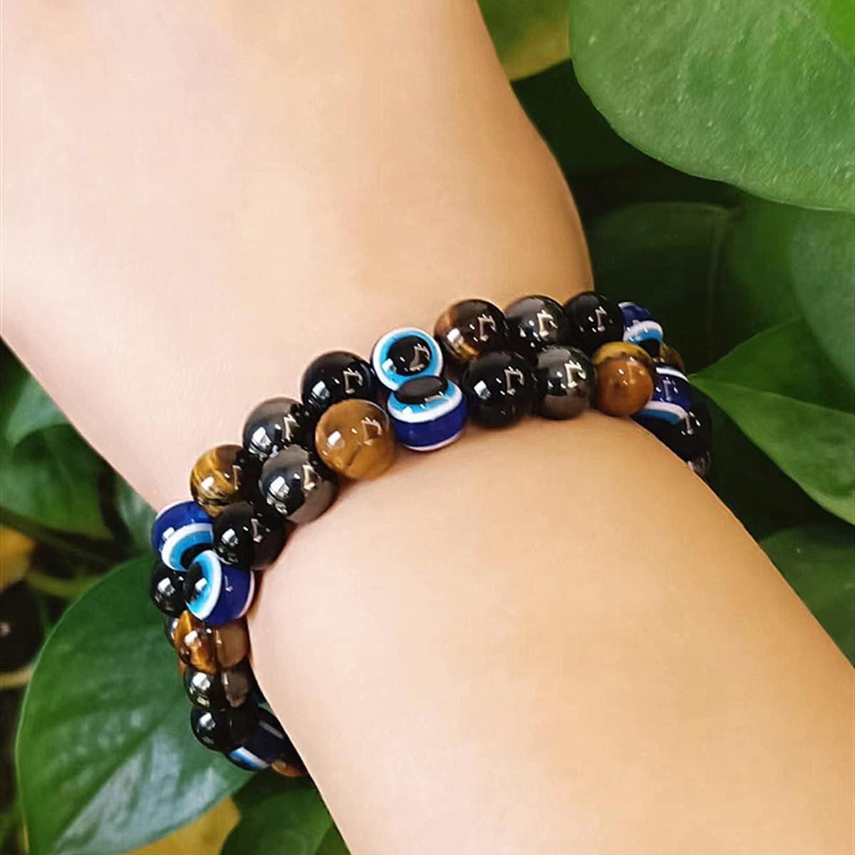 WEFRIN Evil Eye with Hematite Black Obsidian Tiger Eye Stone Triple Protection Bracelets for Men Women, Crystal Jewelry Stone Bracelets Bring Luck and Prosperity and Happiness 8mm Beads