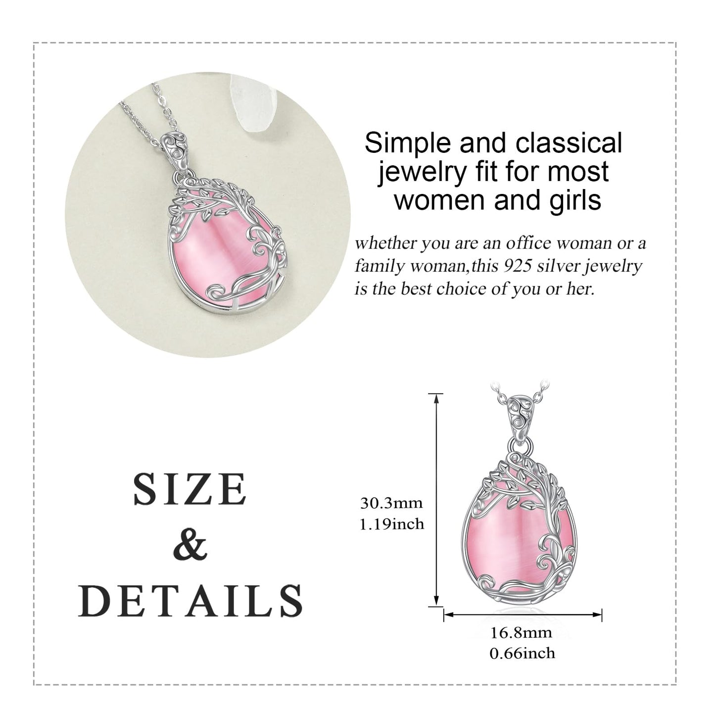 YAFEINI Tree of Life Necklace 925 Sterling Silver Pink Natural Stone Necklace Pendant Jewelry for Women (PP-Tree of Life Pink Opal Necklace)