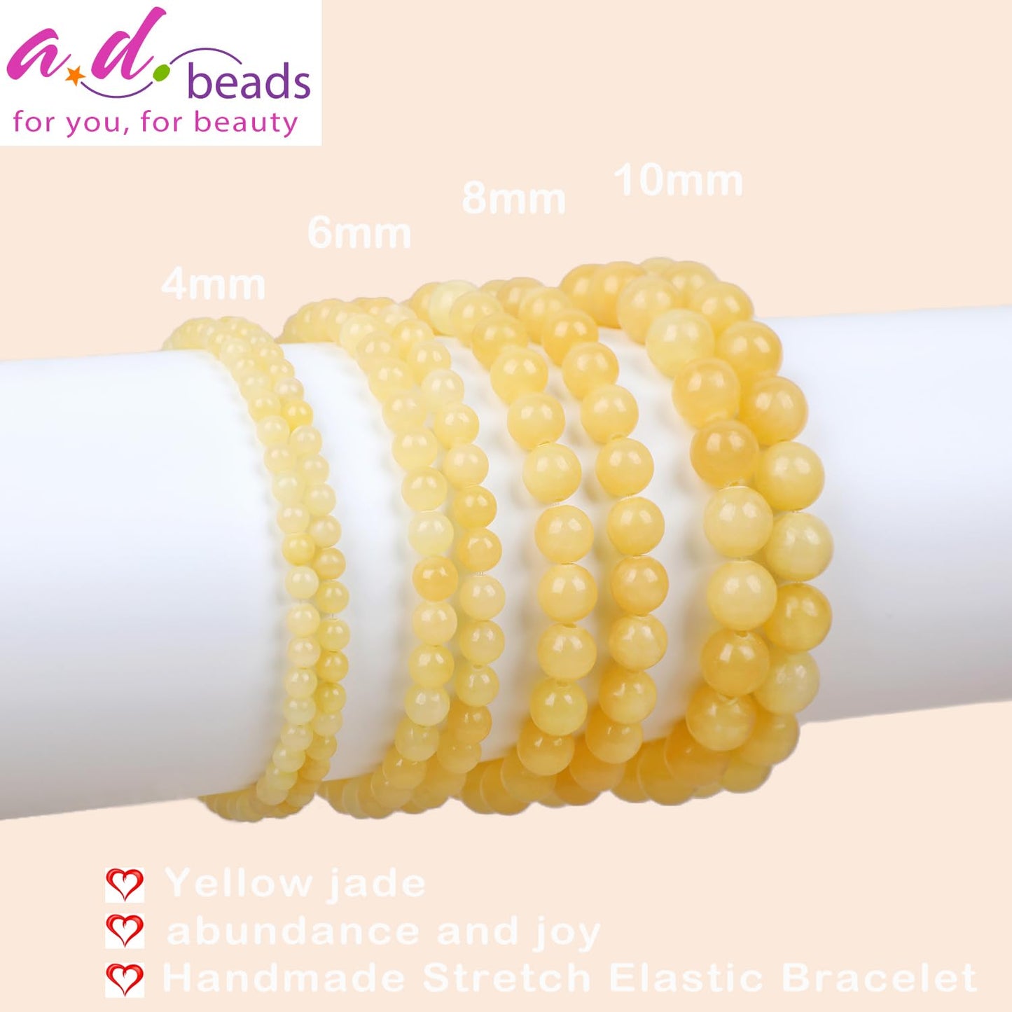 AD Beads Handmade Gemstone Stretch Elastic Bracelet Crystal Healing Reiki Nature's Beauty and Spiritual Essence Unisex (6mm, Yellow Jade (Abundance and Joy))