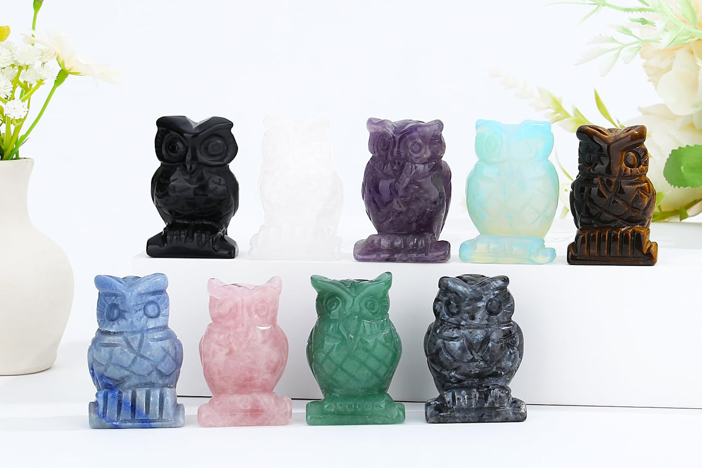 YATOJUZI 2” Owl Decors Natural Tiger's Eye Crystals Stones Cute Decor Polished Hand-Carved Sculpture Statue Figurines Gemstone Home Office Desk Decoration Reiki Energy Gifts