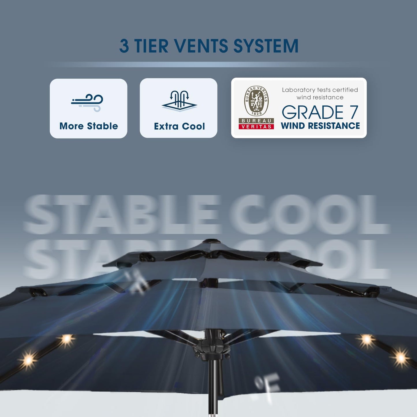 wikiwiki 9FT 3Tiers Solar Led Patio Umbrella, Sturdy Outdoor Market Umbrella for Deck, Pool, Garden w/Tilt, Crank, 32 LED Lights, Navy Blue